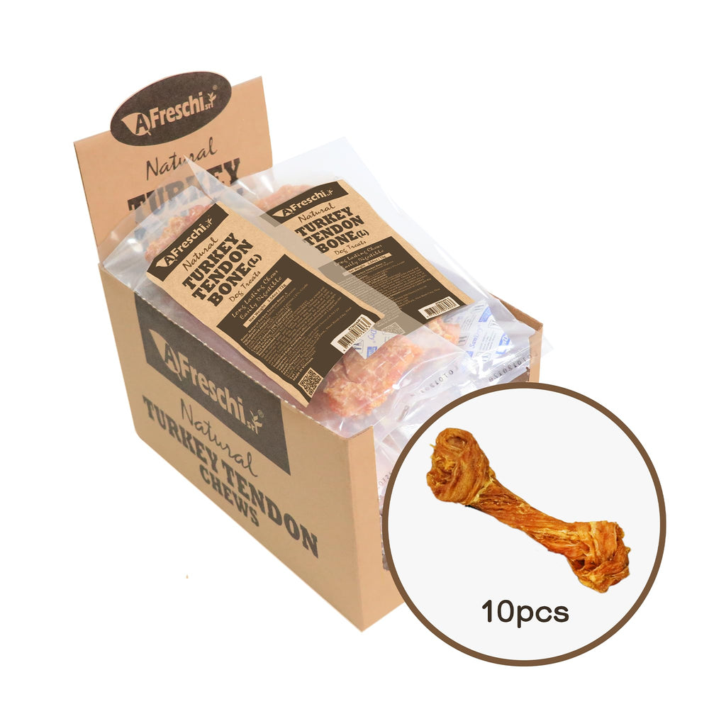 A Freschi srl turkey tendons for dogs—long-lasting chew that satisfies moderate chewers.