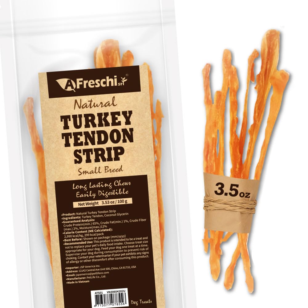 A Freschi srl turkey tendons pack, USA-sourced, high-protein treat for dogs.