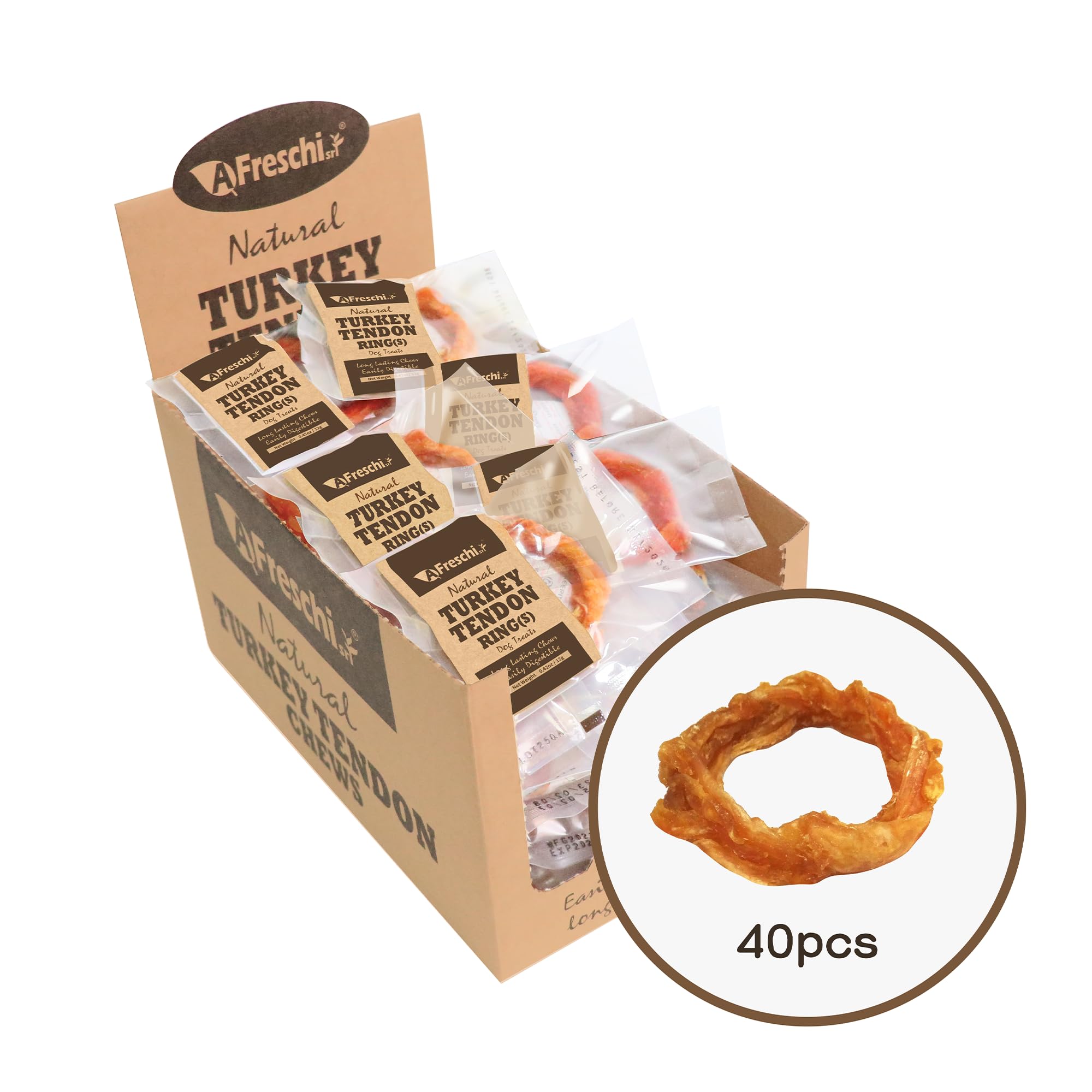 A Freschi turkey tendon ring-s chew offers long-lasting entertainment for moderate chewers.
