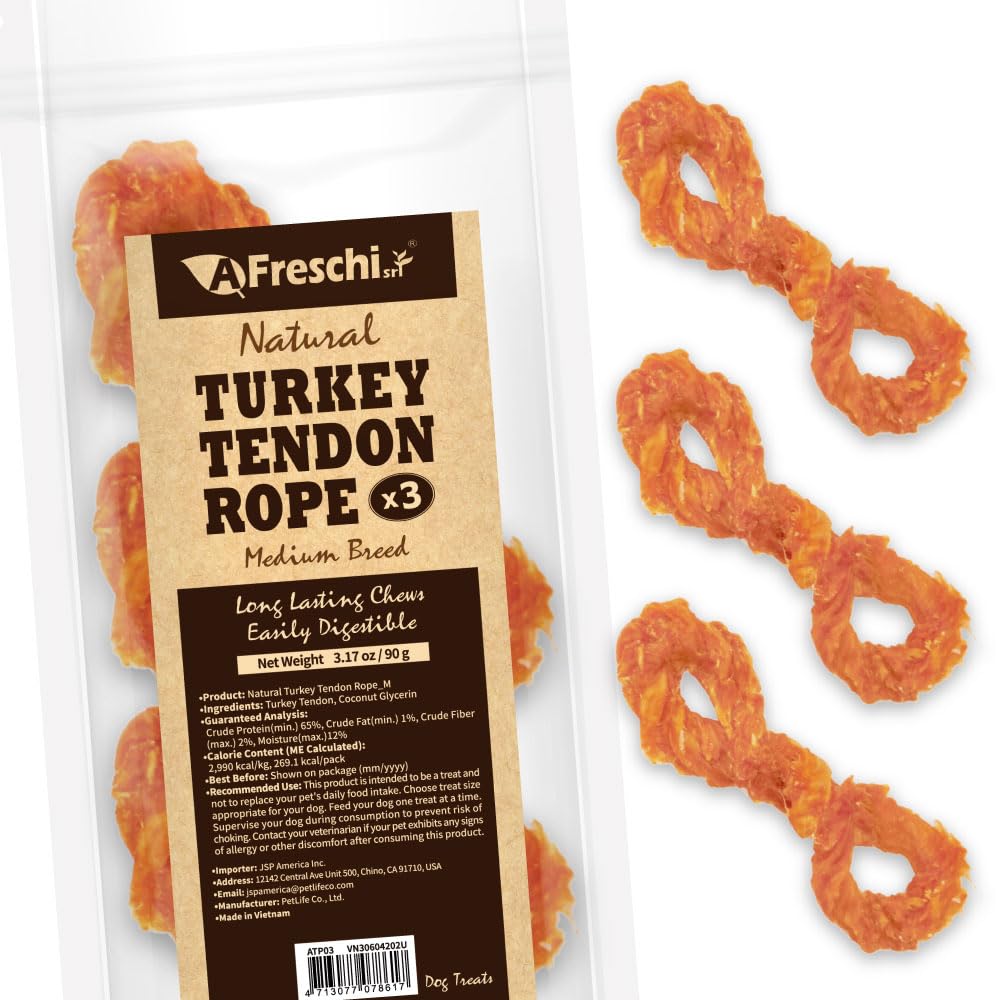 A Freschi turkey tendon dog chew pack front shows durable texture for long-lasting treats.
