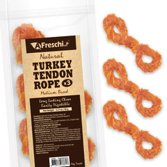 A Freschi turkey tendon dog chew pack front shows durable texture for long-lasting treats.
