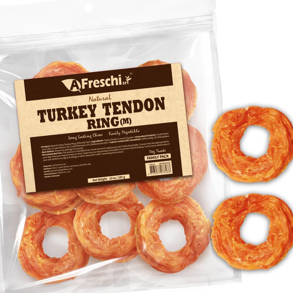 A Freschi turkey tendons dog chews offer a long-lasting protein-rich treat.