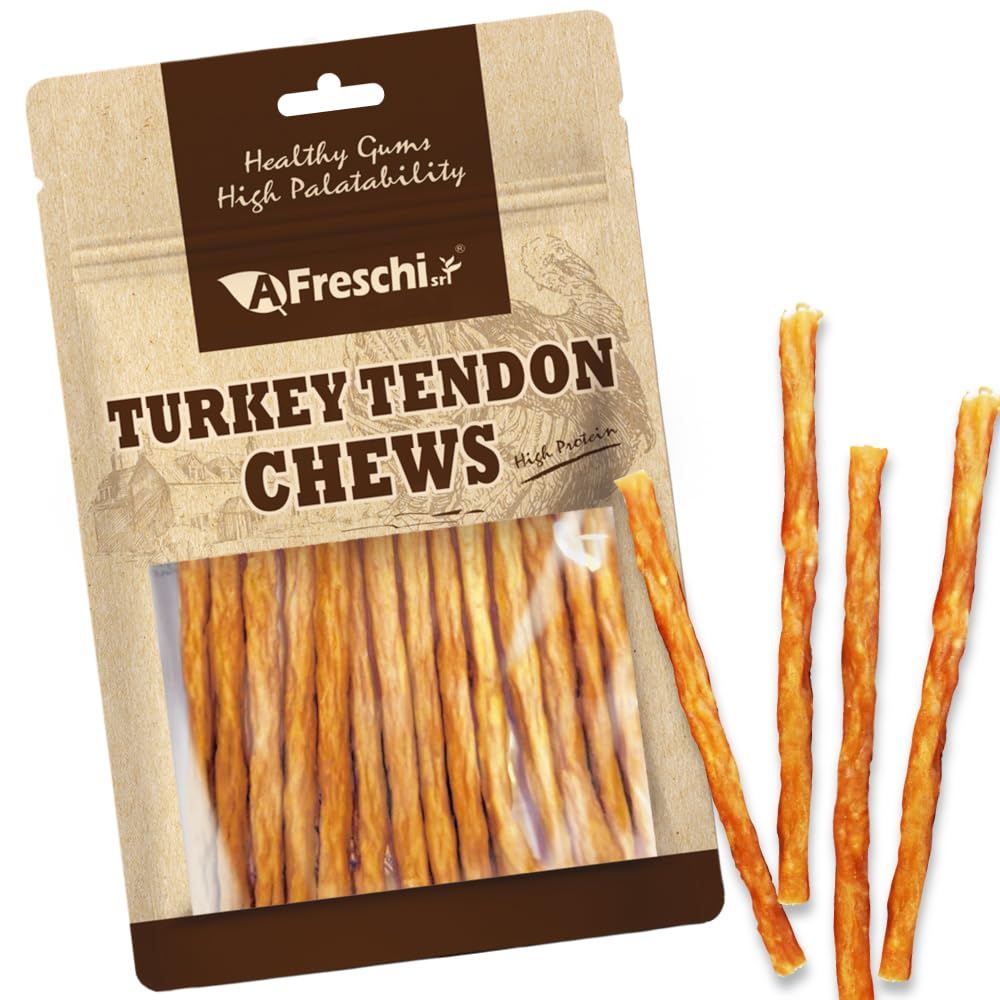 A Freschi turkey tendons pack showcases USA-sourced protein for dogs.
