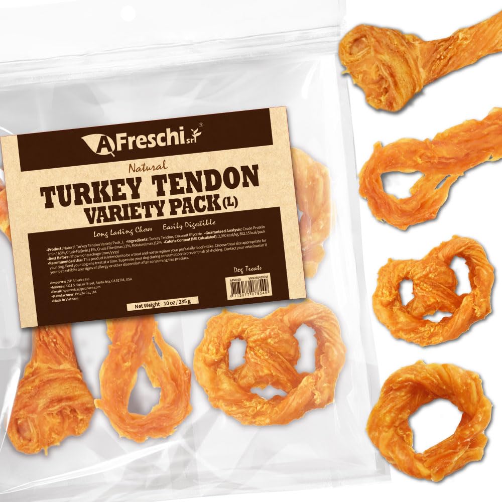 A Freschi turkey tendons for dogs 10oz pack on display, premium USA-sourced chew.