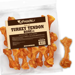 A Freschi turkey tendons dog treats pack shot, long-lasting chew for small breeds.