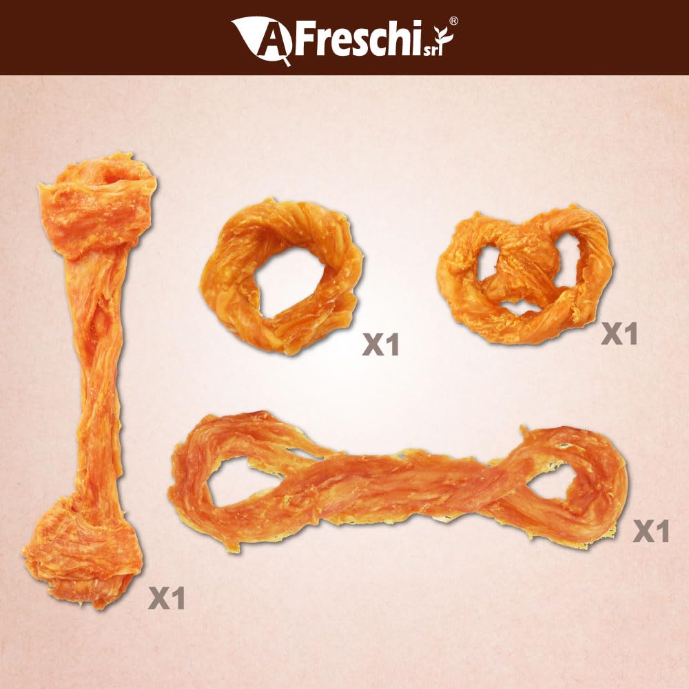 A Freschi turkey tendons for dogs rawhide-free chew close-up, gentle on stomach.