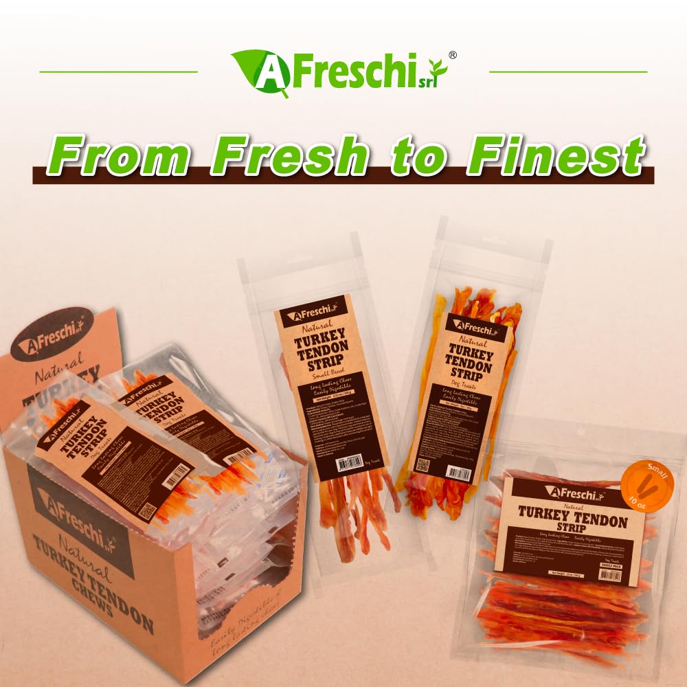 A Freschi natural turkey tendon treat for dogs, everyday chew solution.
