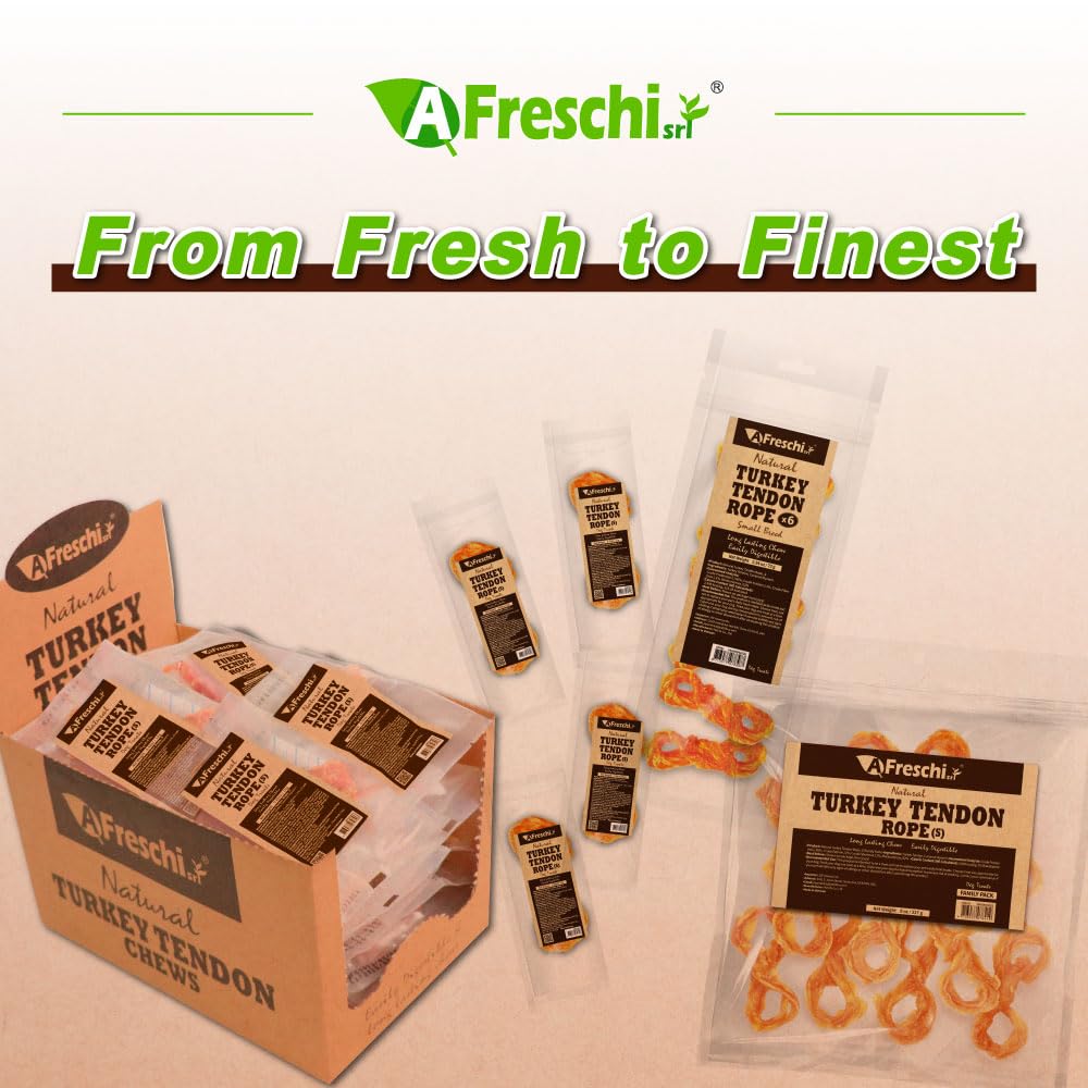 8 oz rope packaging of A Freschi turkey tendons for small dogs