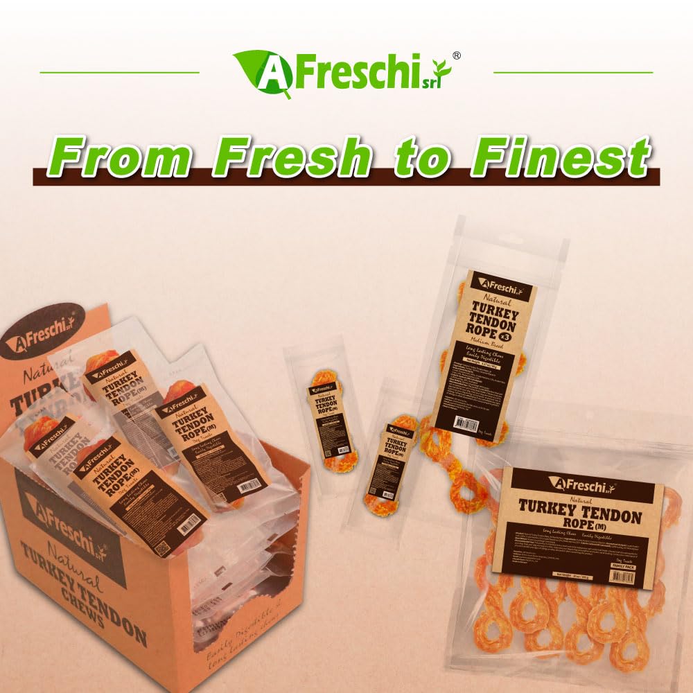 Grain-free, hypoallergenic claim shown on A Freschi turkey tendon chews package.
