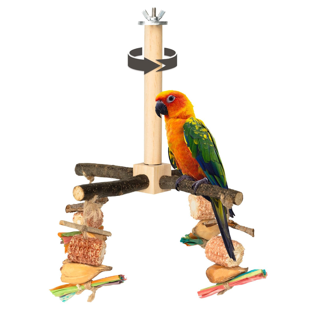 Agape rotating parrot perch toy assembly shows 360° rotation for enrichment.