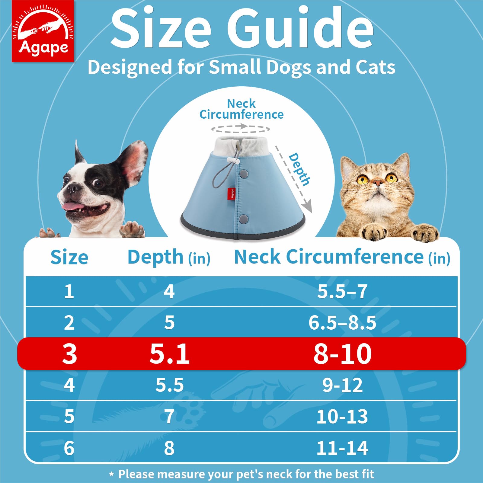 Agape recovery cone protects wounds and discourages licking after surgery.