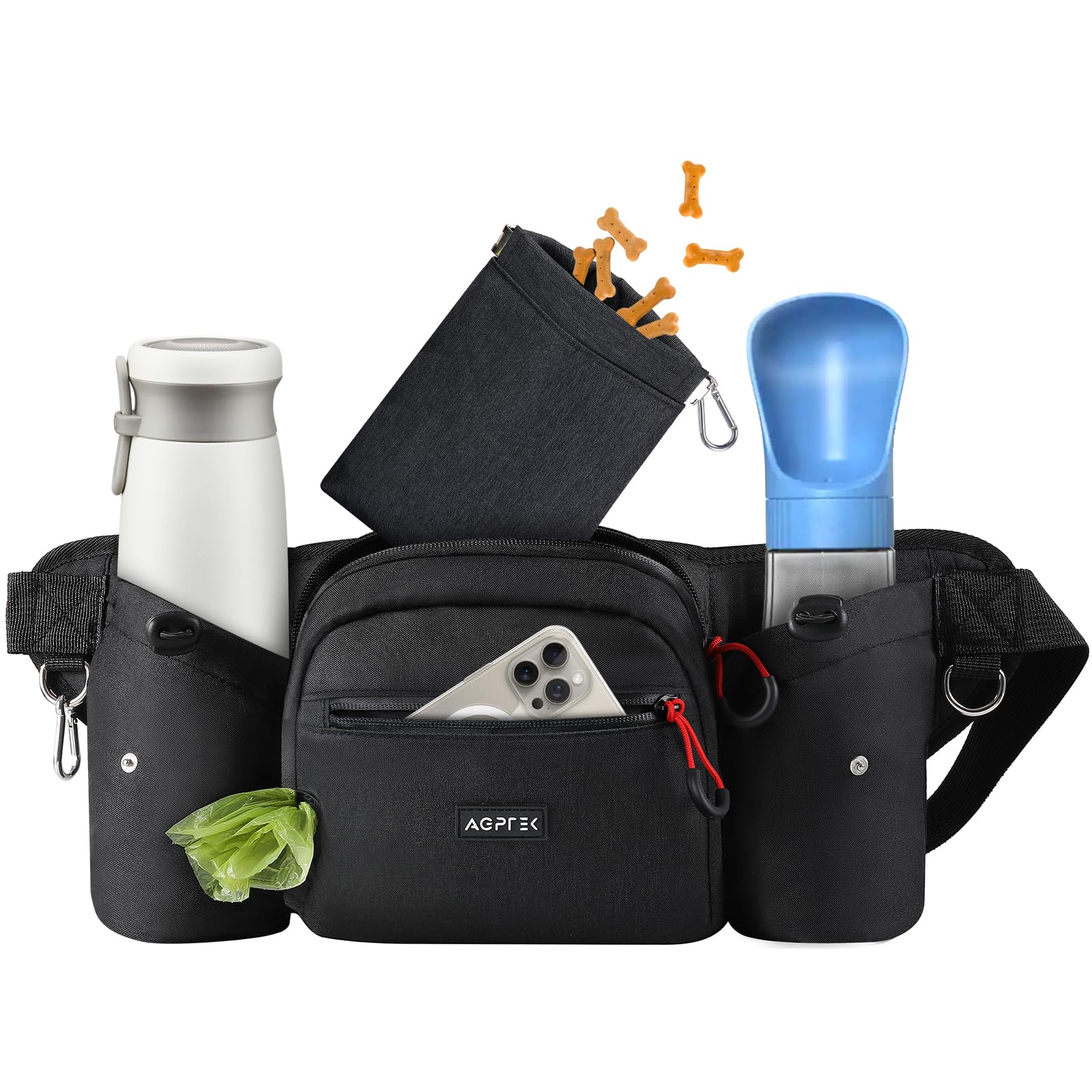 AGPTEK dog walking fanny pack with removable snack pouch for fresh treats on the go.