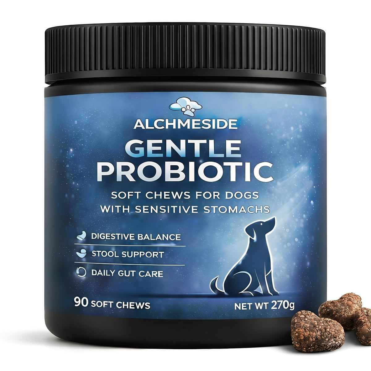 Ahgmeside dog probiotic packaging for convenient daily use.