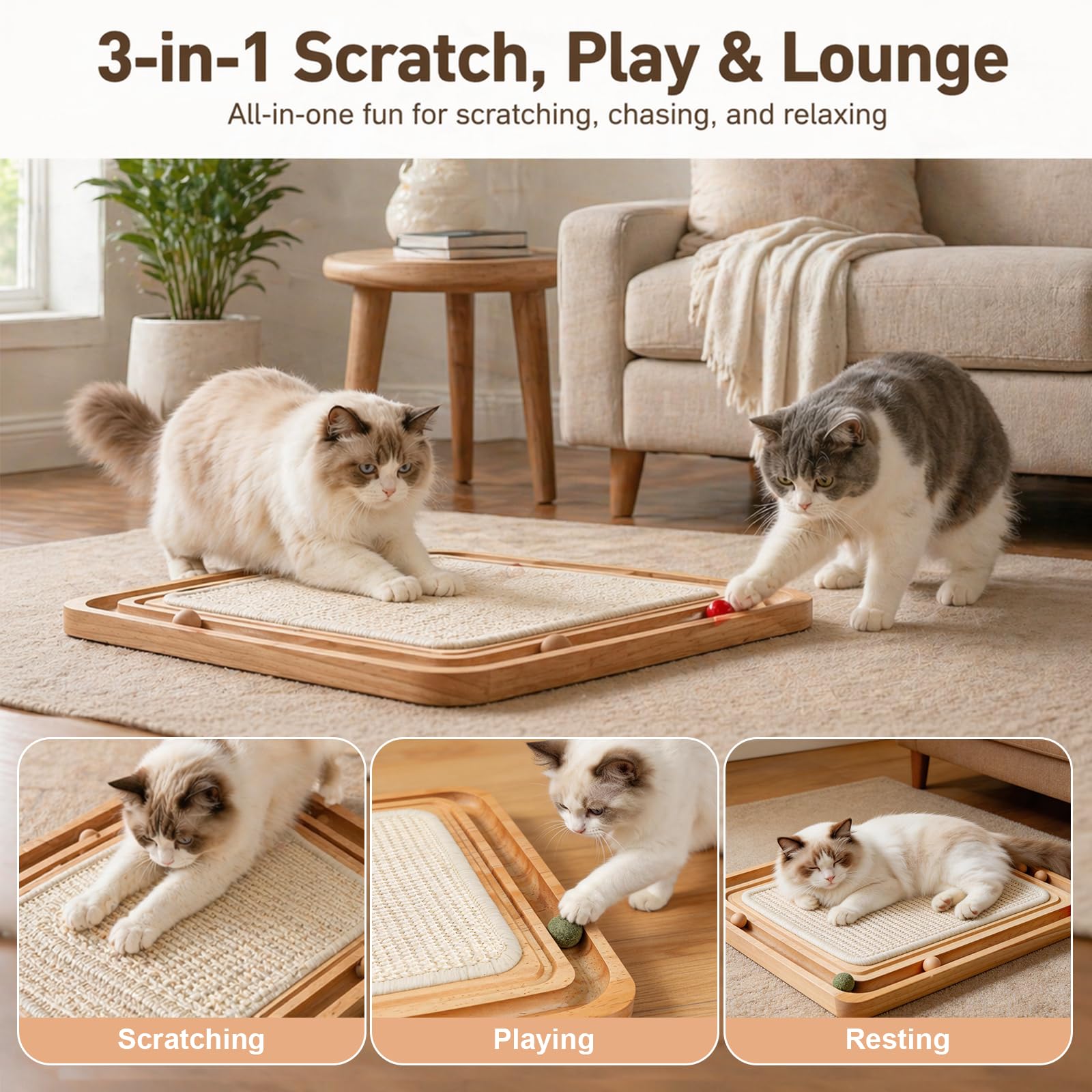 Ahomdoo 3-in-1 design offers scratching, chasing, and resting in one place.
