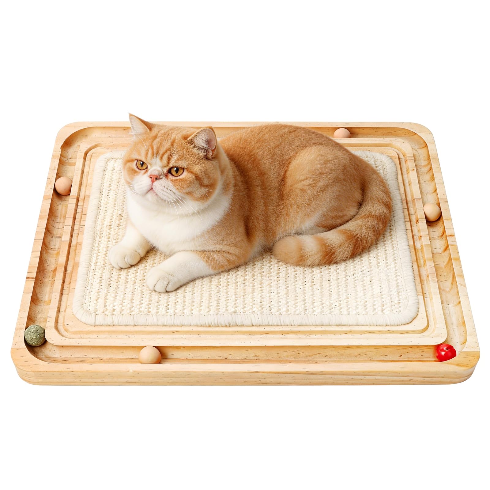 Ahomdoo cat scratching pad with ball track toy encourages play and scratching indoors.