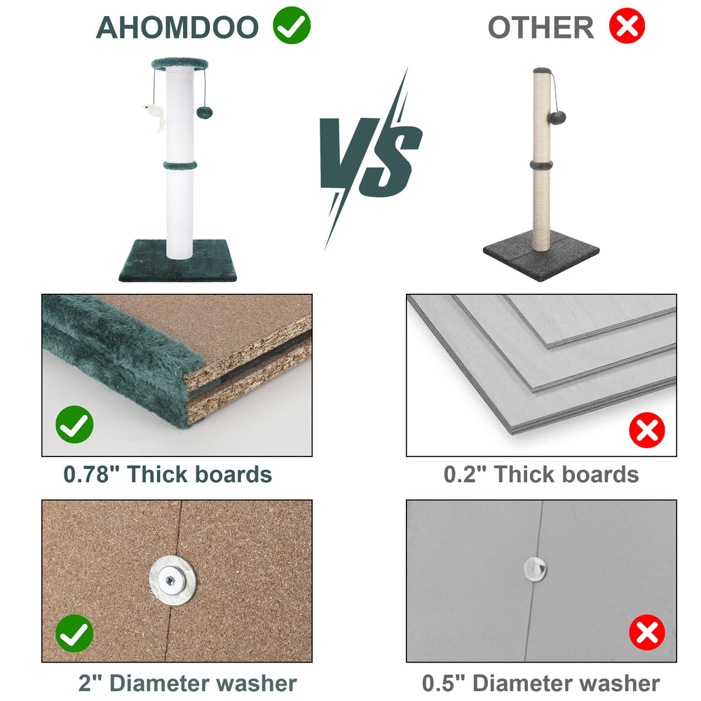 Ahomdoo green scratching post packaged with simple assembly instructions.