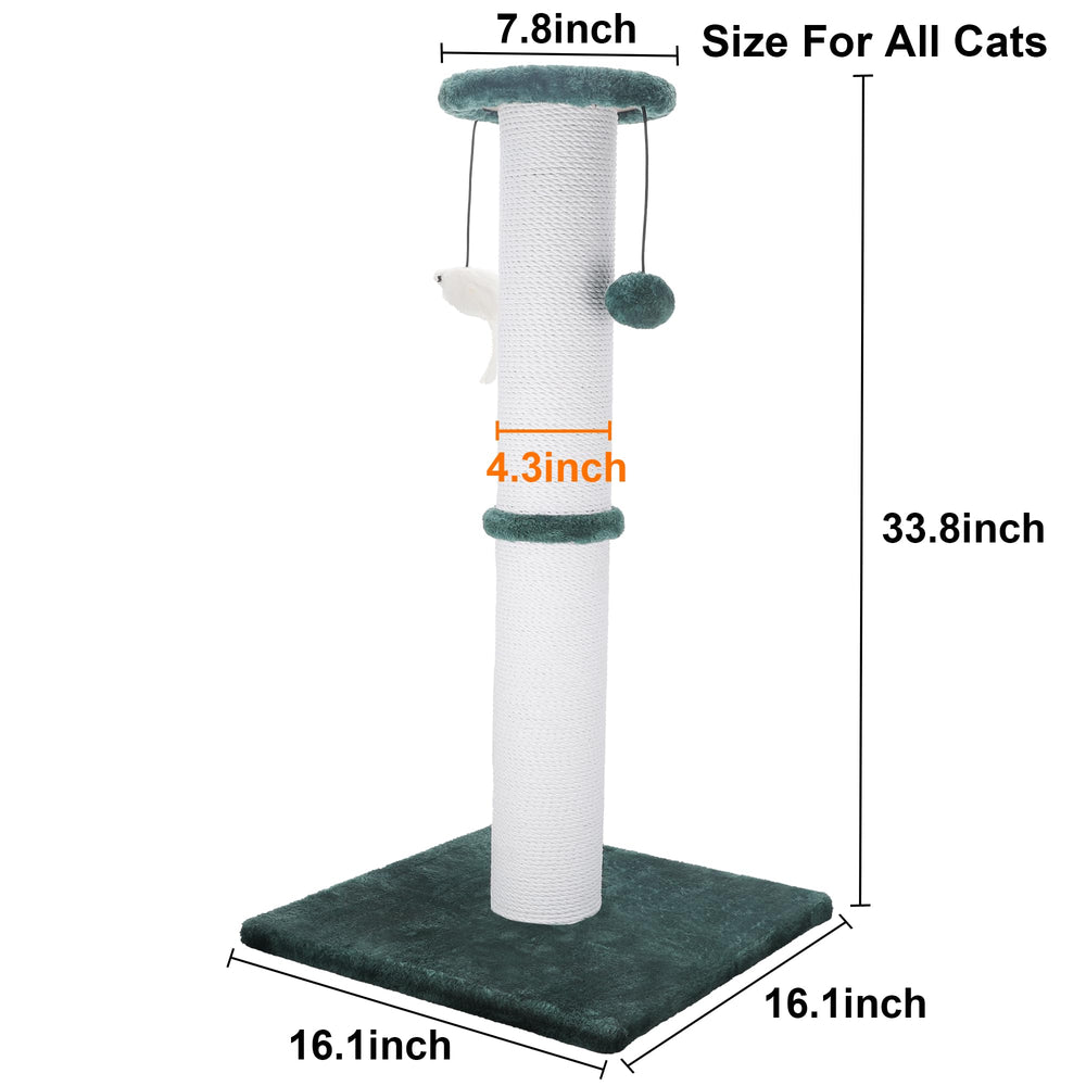 Ahomdoo 34-inch green post side view shows thick sisal rope for long-lasting scratching.