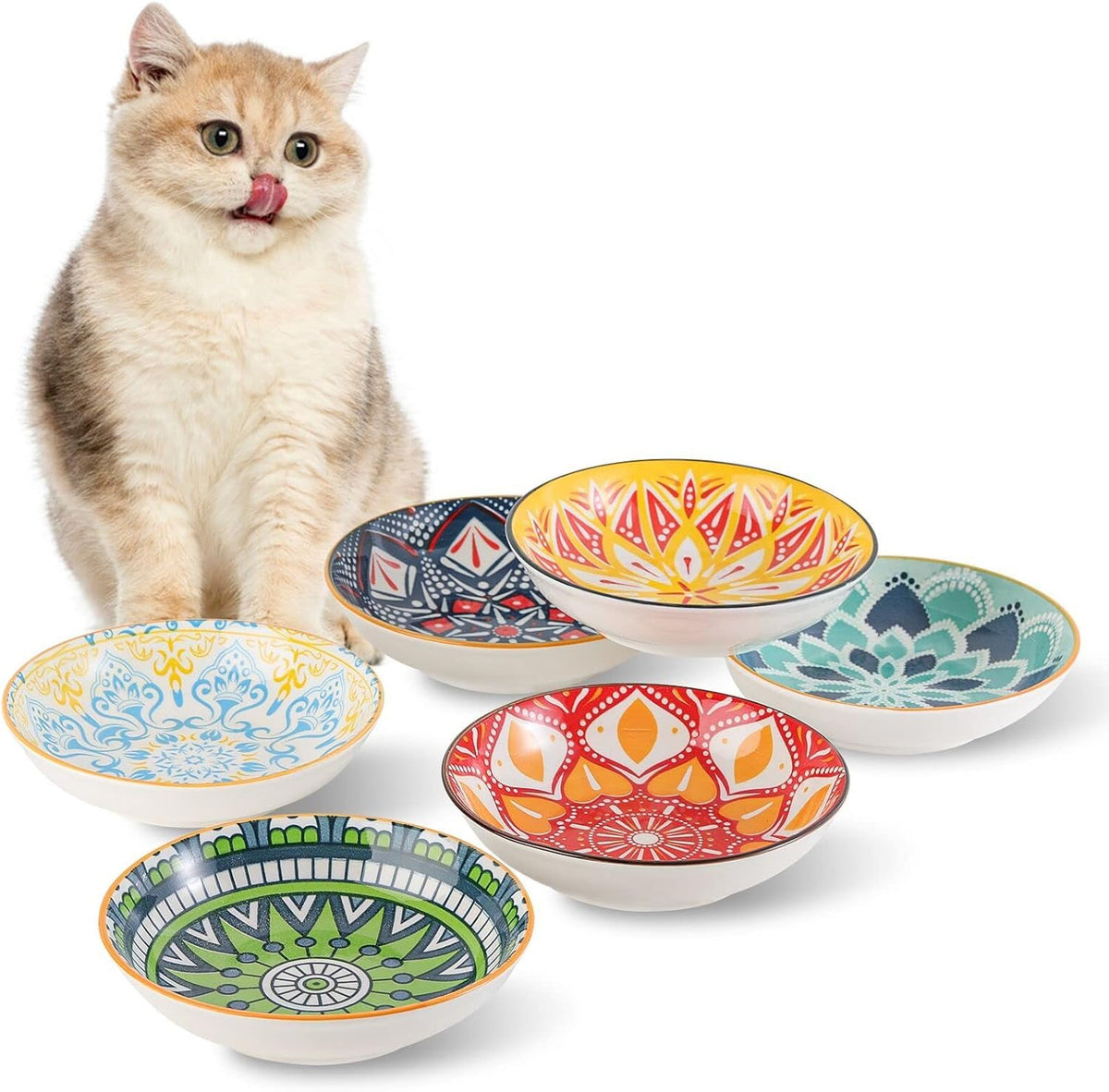 AHX ceramic cat bowls six-set with multicolor glaze for stylish multi-pet meals