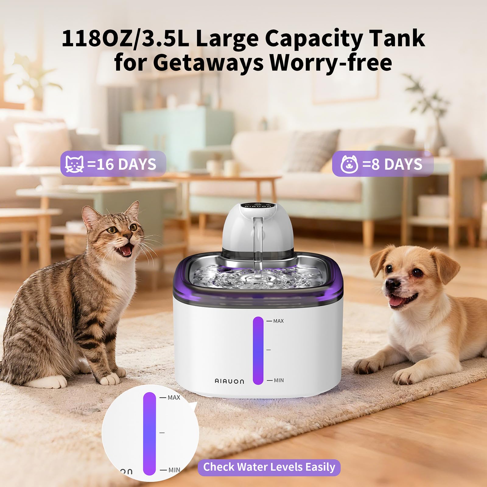 AIAUON cat fountain with battery pack powering uninterrupted hydration on the go.