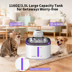 AIAUON cat fountain with battery pack powering uninterrupted hydration on the go.