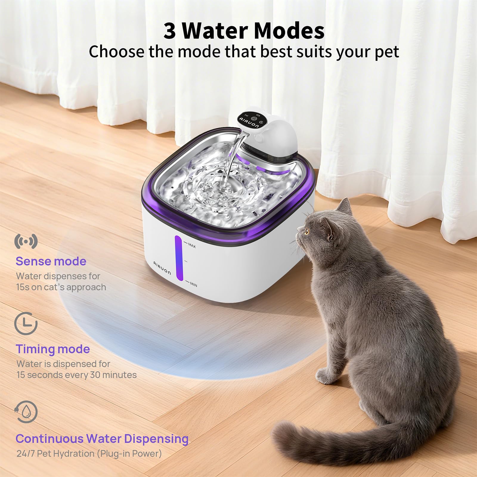 AIAUON timed mode releases water at intervals to spark curiosity.