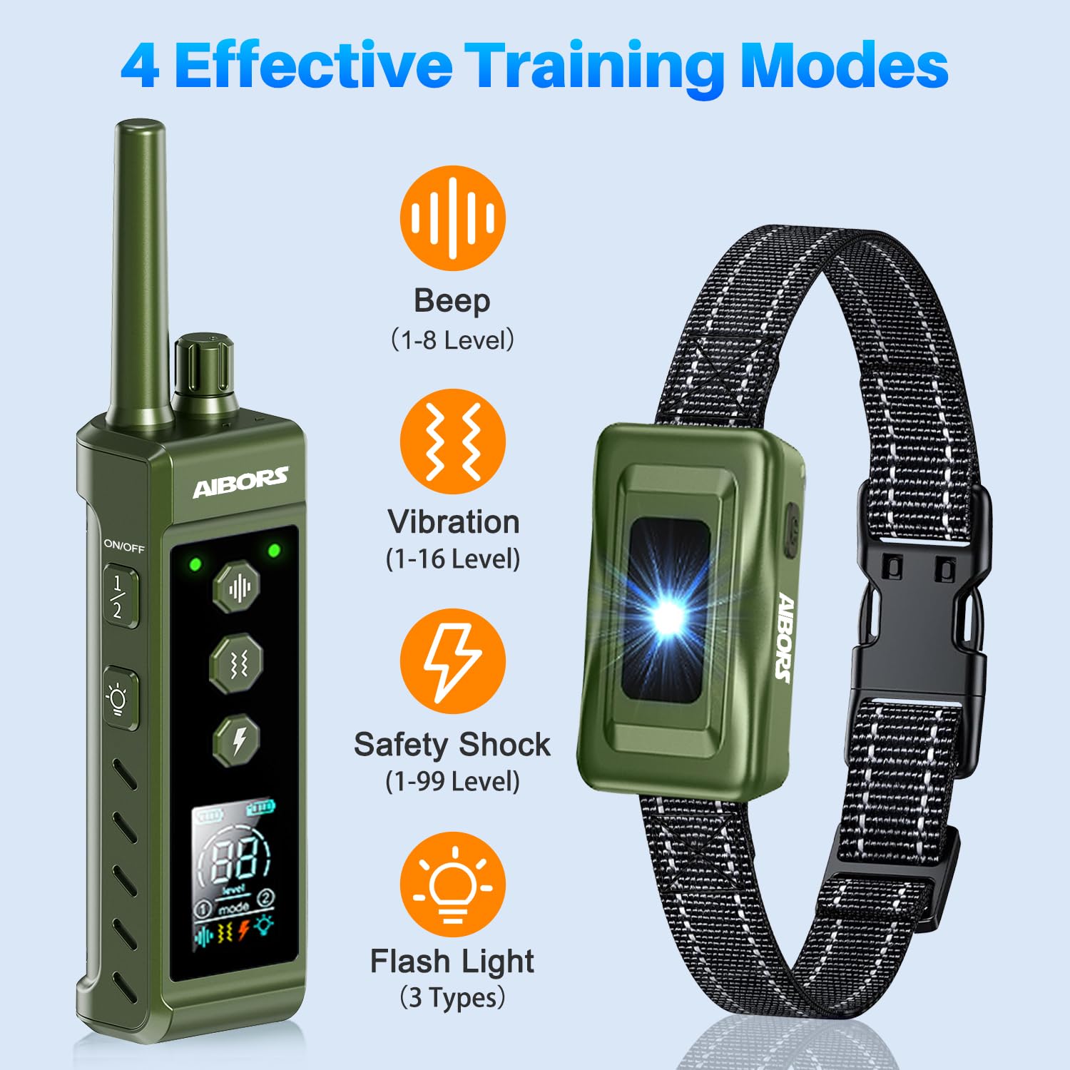 AIBORS dog shock collar night light highlights collar visibility during evening walks