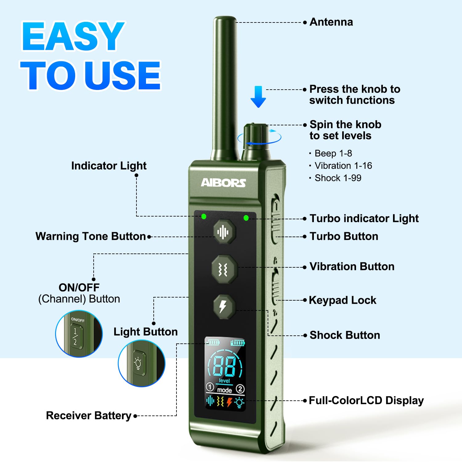 AIBORS dog shock collar safety lock prevents accidental remote commands during handling