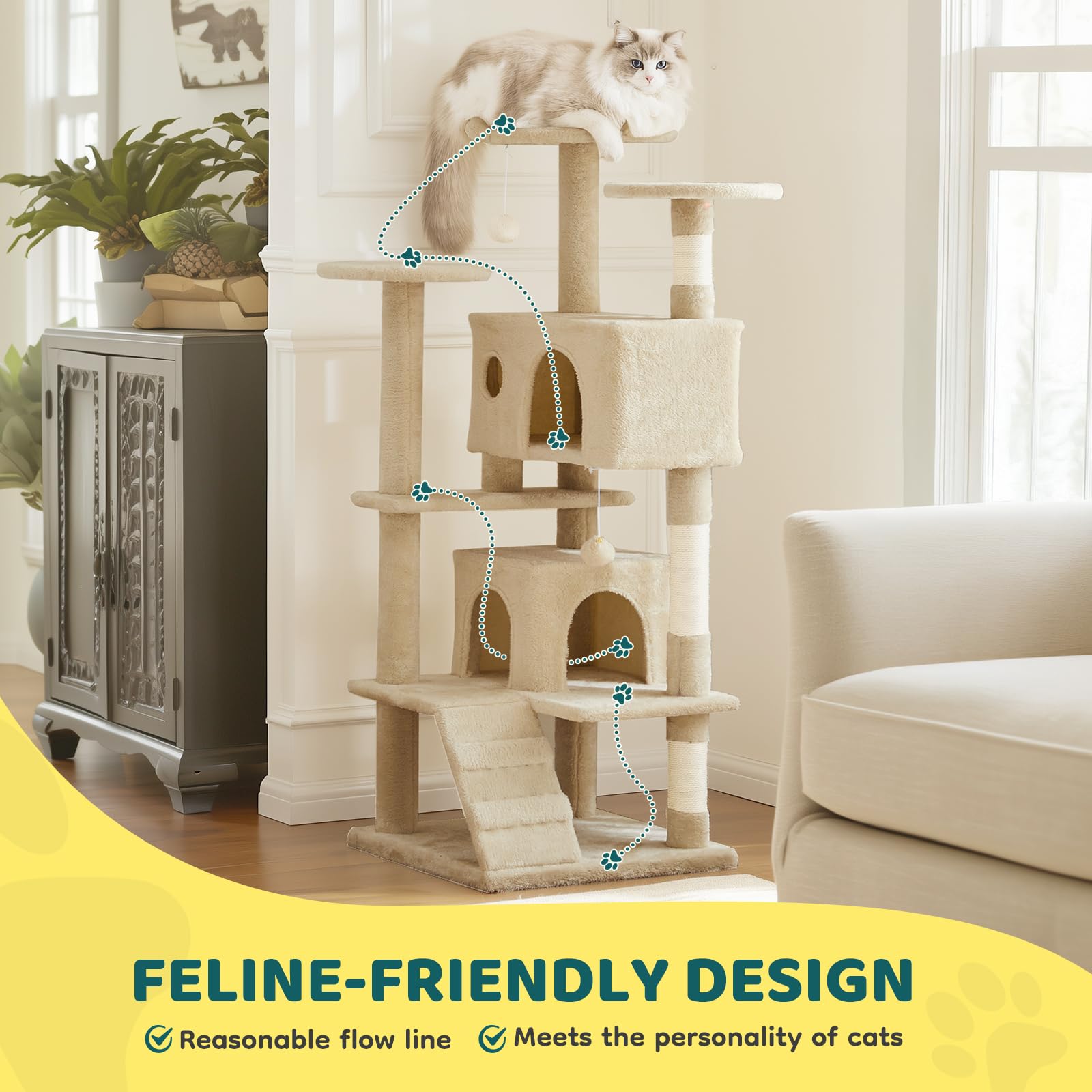 Aidoly Cat Tree 54inch dangling balls invite playful hunting moments.