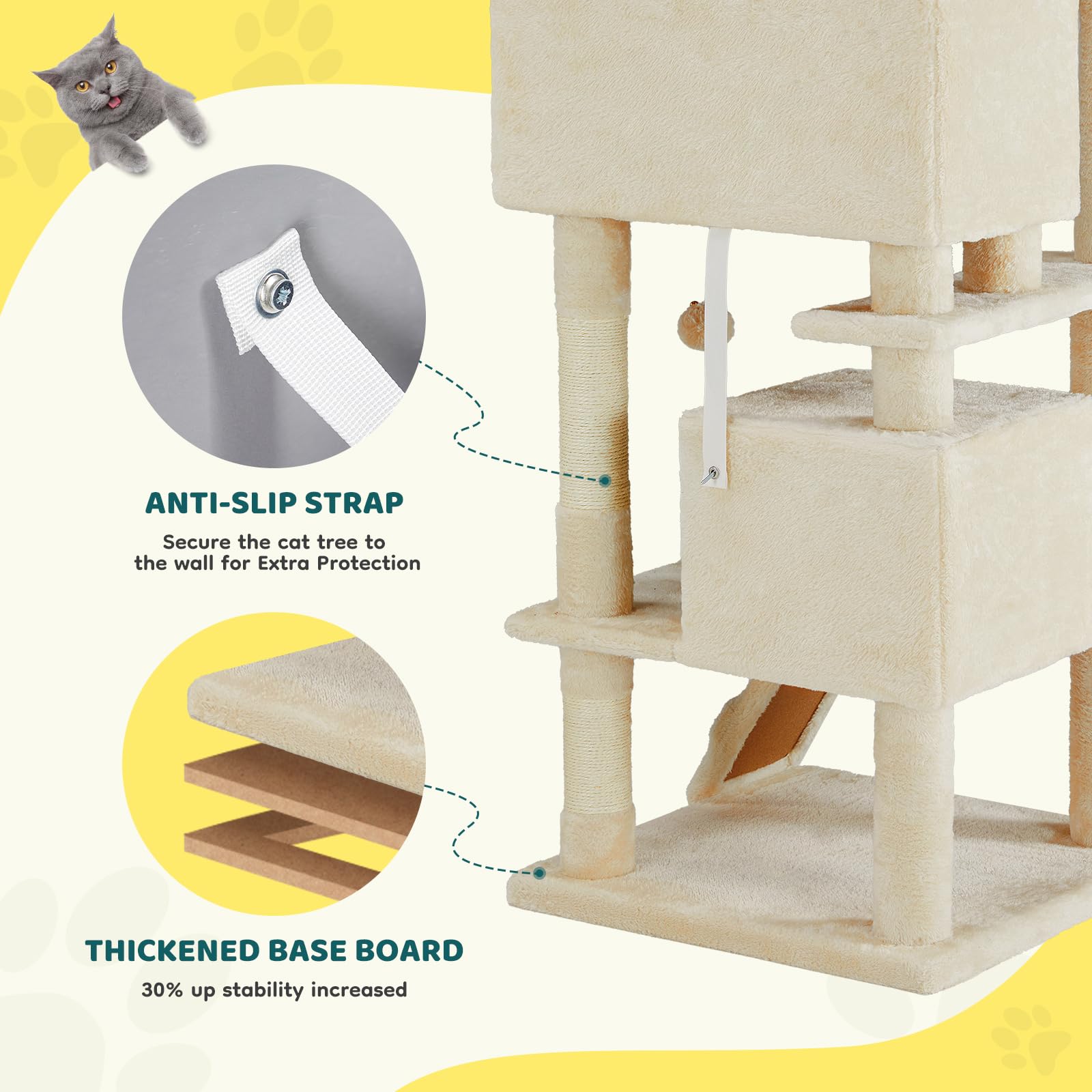 Aidoly Cat Tree 54inch ramp access supports easy climbing for kittens.