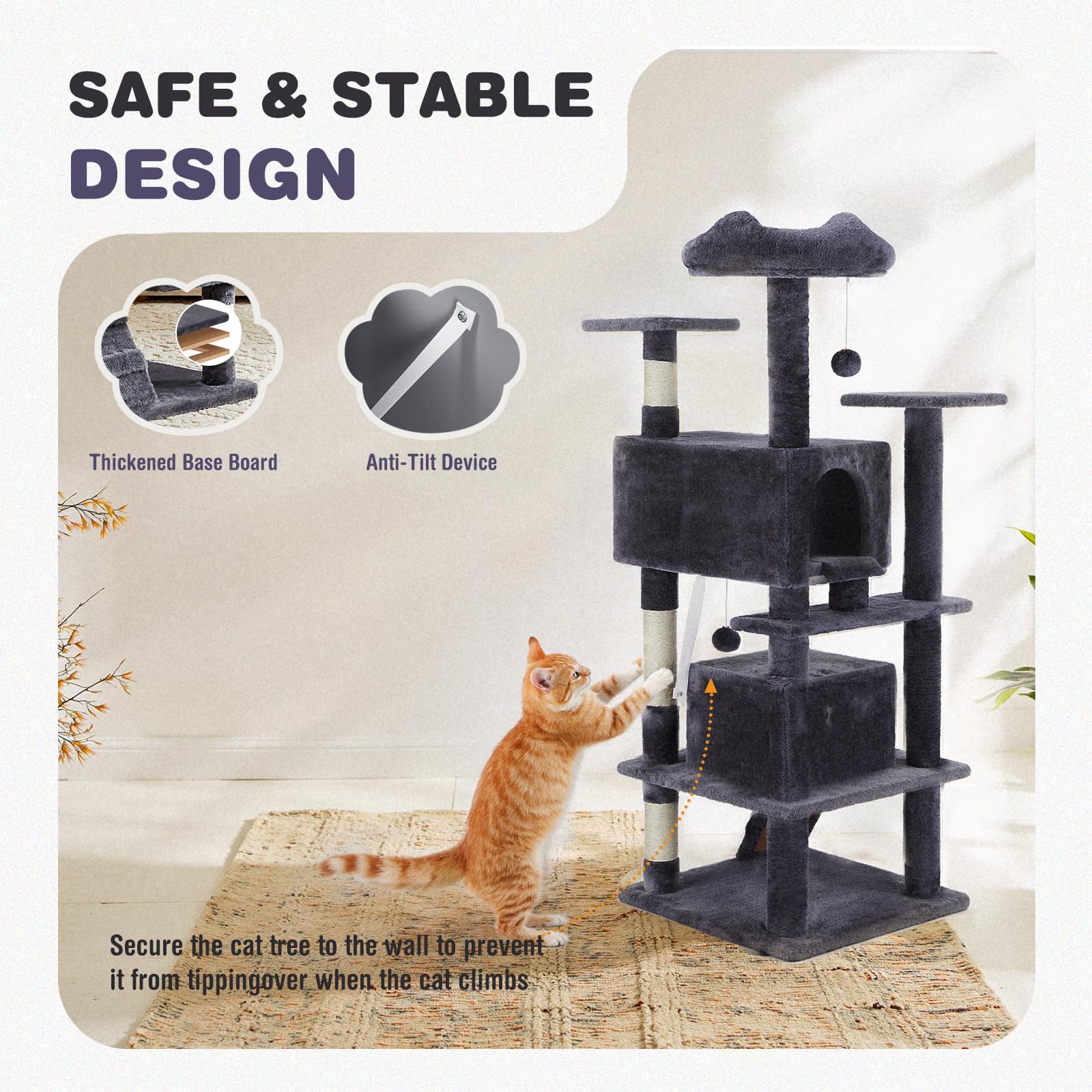 Aidoly Cat Tree anti-tilt feature helps secure taller play zones.