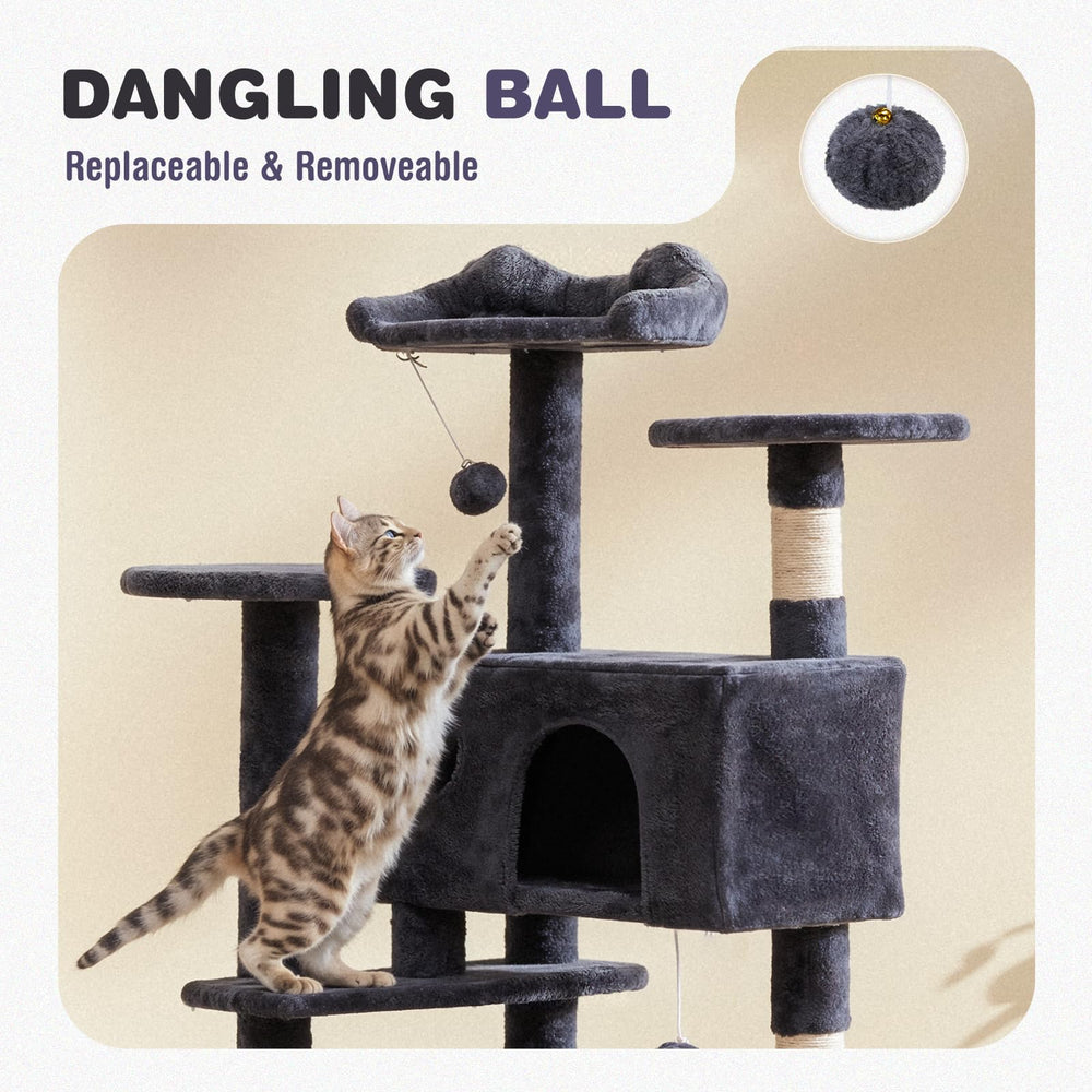 Aidoly Cat Tree dangling balls with bells add playful hunting moments.