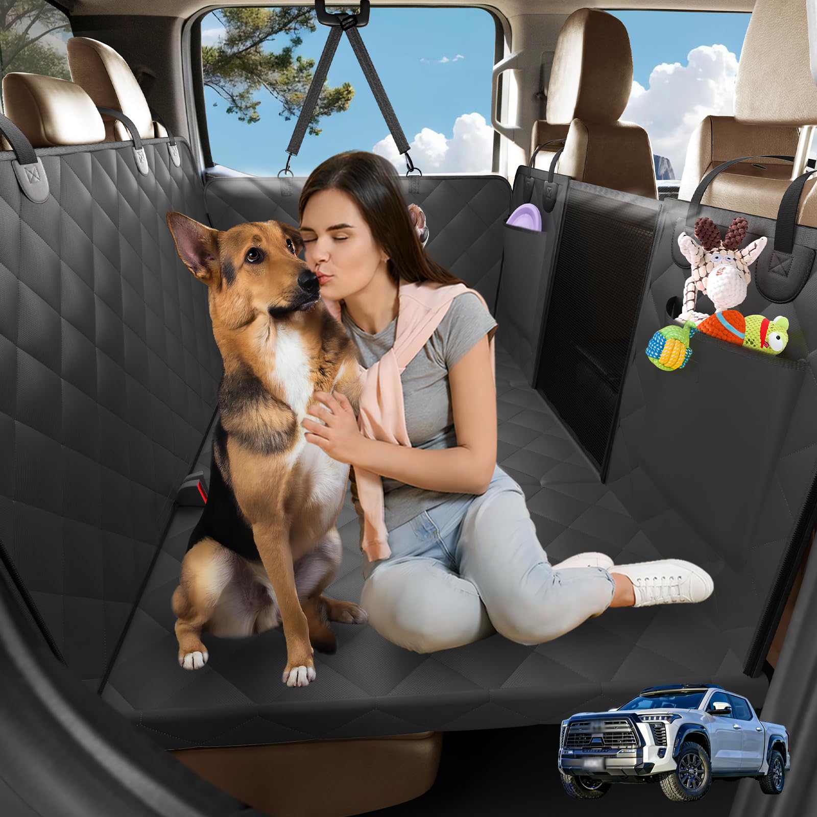 AIEDOULER truck dog seat cover showing a flat, stable surface for calmer rides.