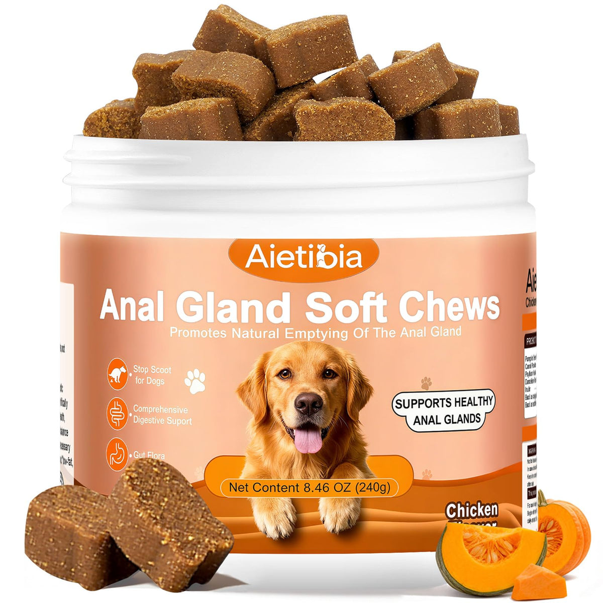 Aietibia 120 chews bottle showing the product for anal gland and digestive support