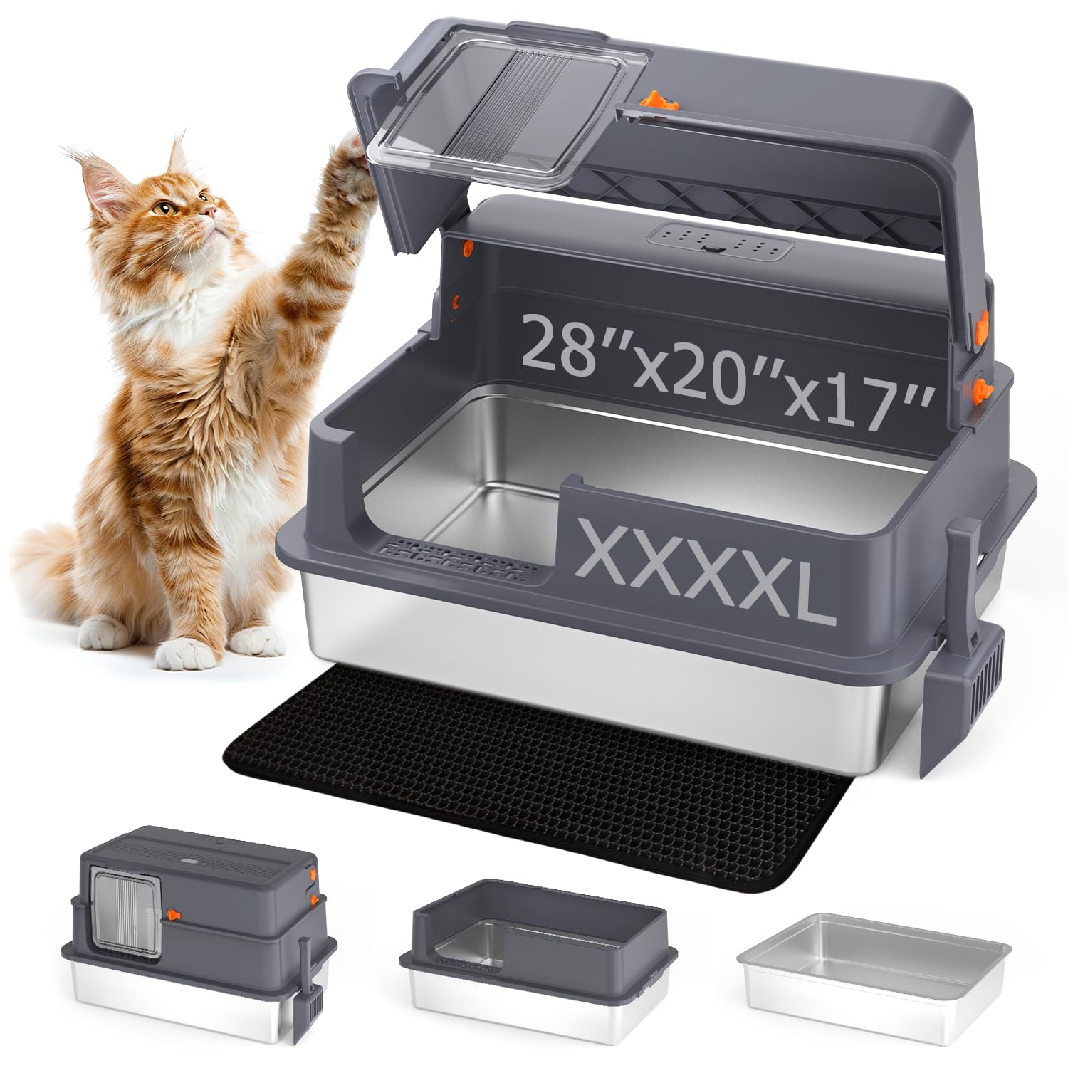 AIFUN XXXXL stainless steel litter box side view for large cats and multi-cat homes.
