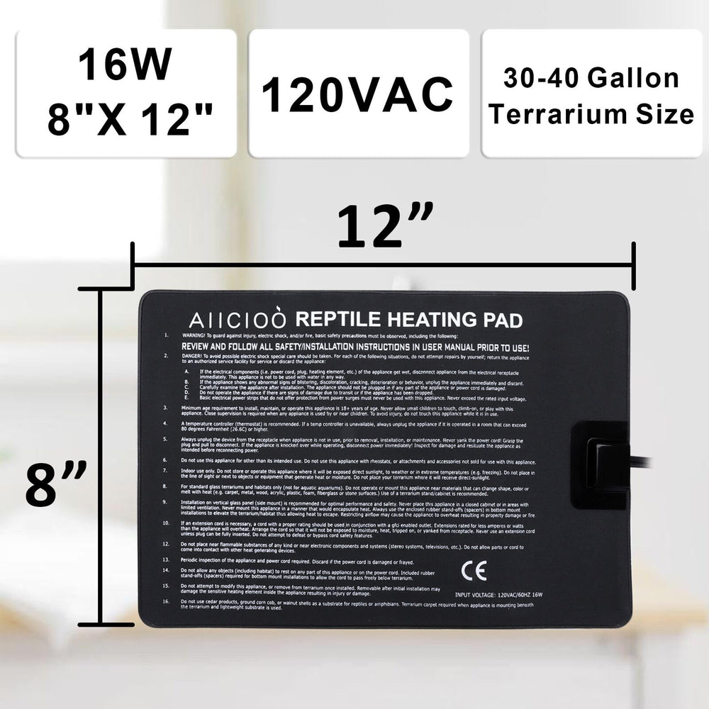 Aiicioo reptile heating pad side-mount on terrarium delivers even heat.