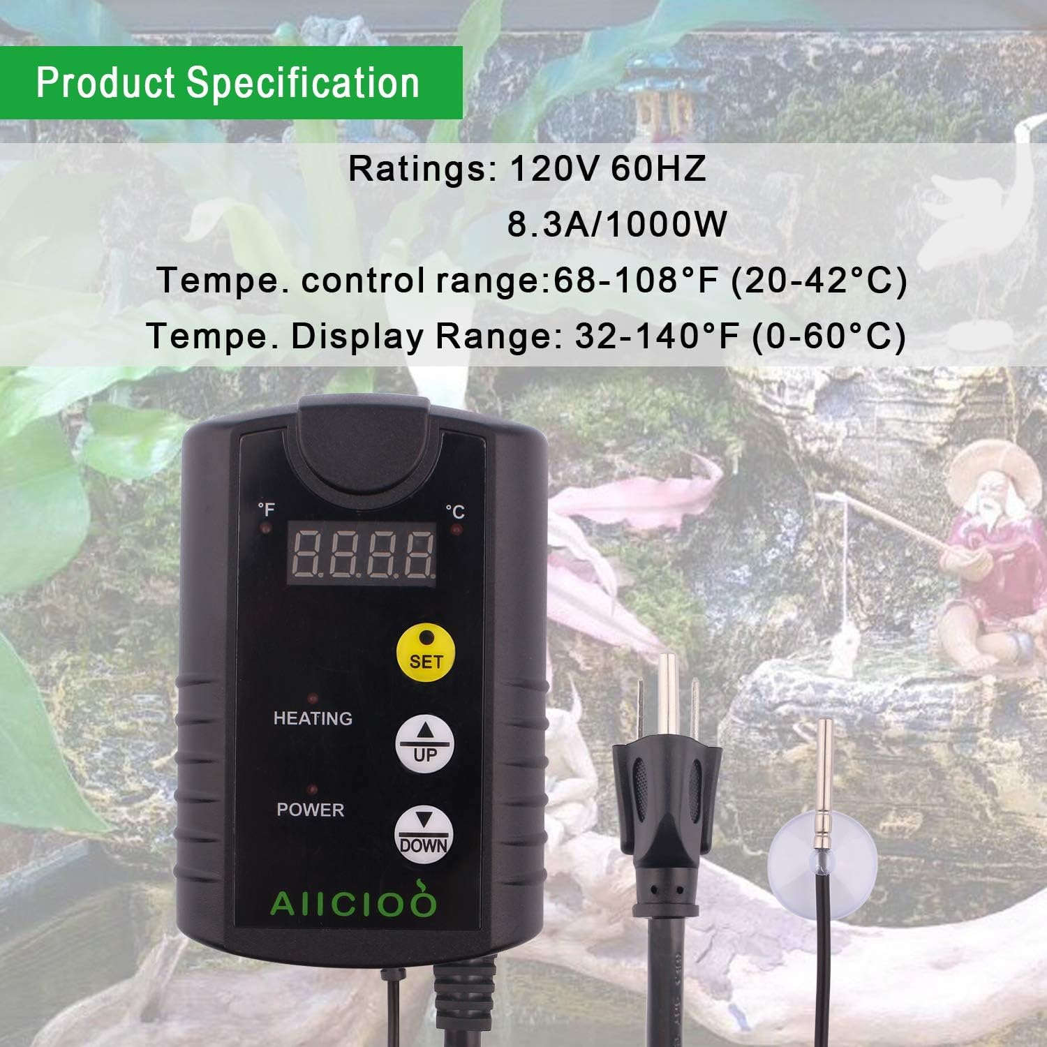 Aiicioo thermostat probe and control panel enable easy temperature tuning.