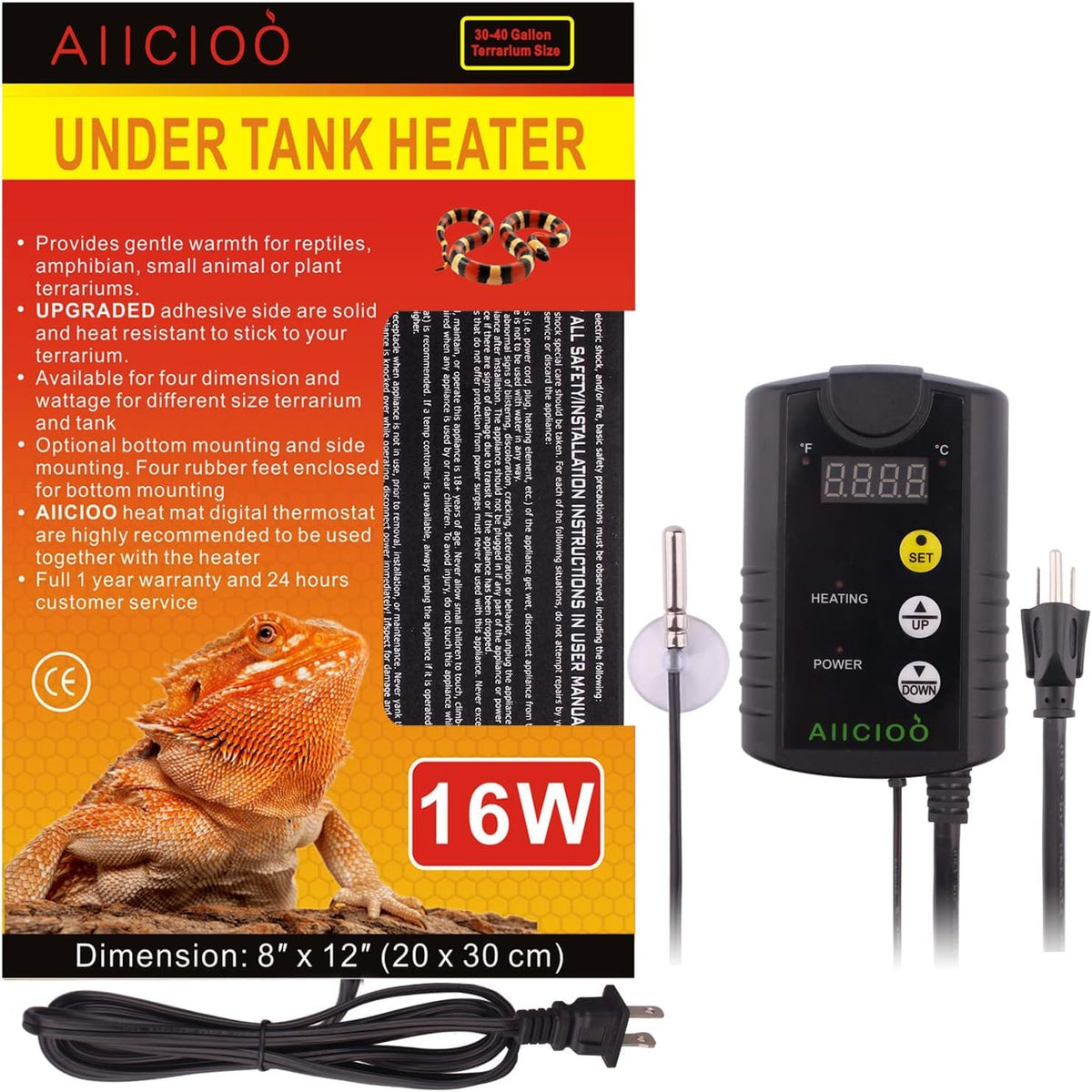 Aiicioo under-tank heater shows compact 8x12 inch mat ready for terrarium warmth