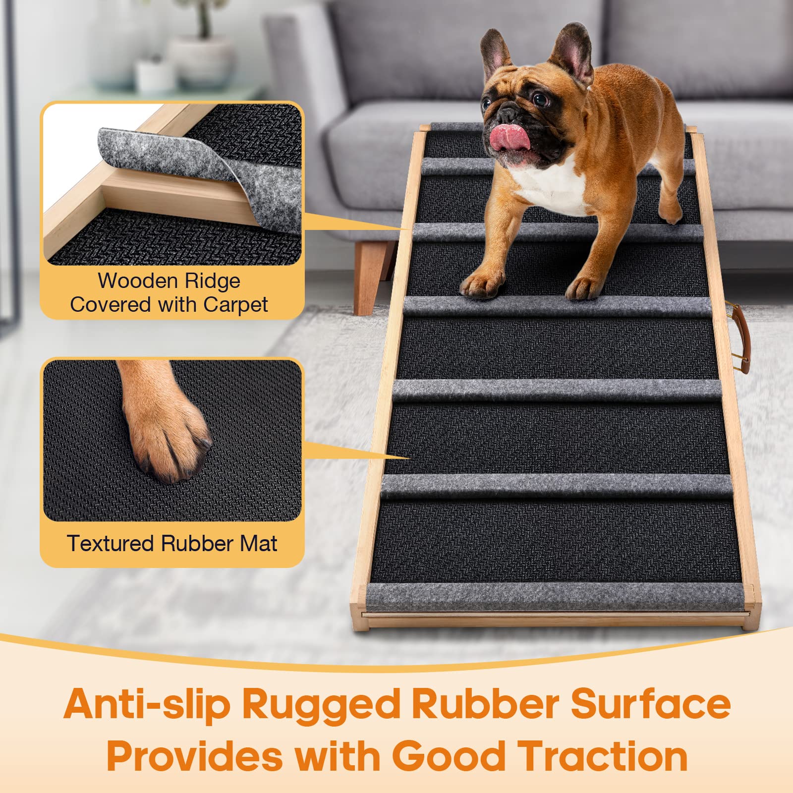 AIMSEAL dog ramp with non-slip rubber surface offers secure traction for pets