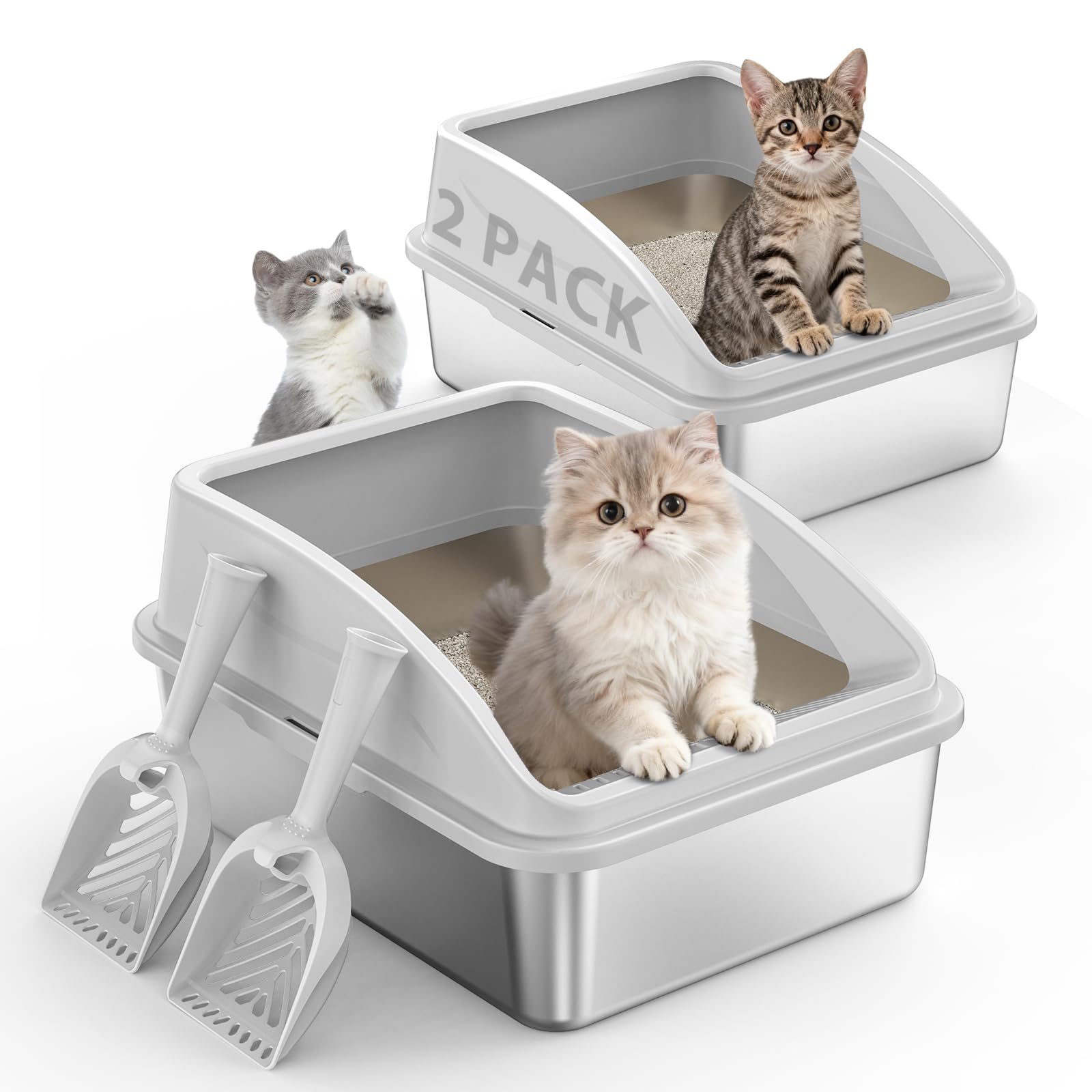 AIPERRO 2-pack with lid: durable stainless steel litter boxes for mess-free homes.