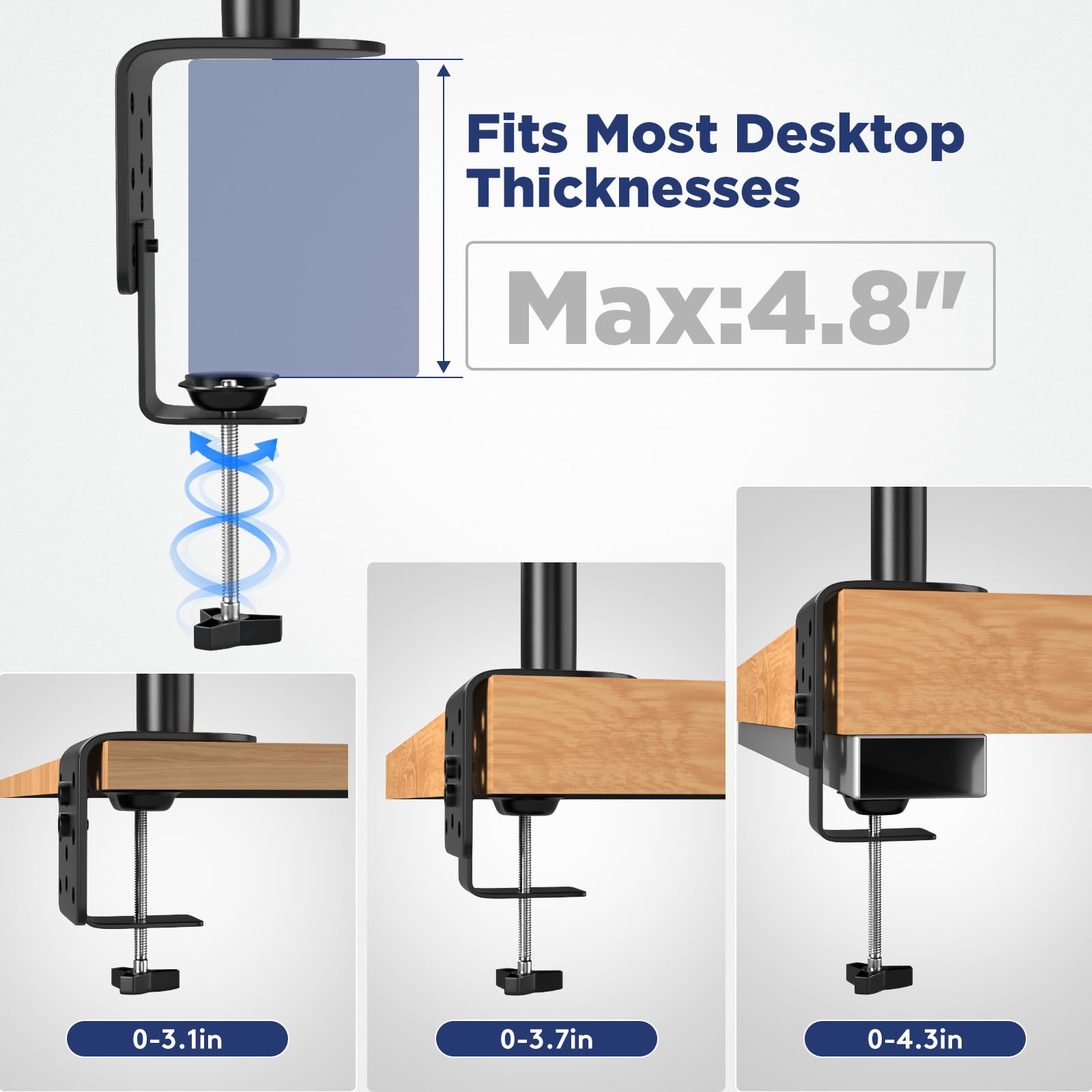 Desk thickness up to 4.8 inches with secure grip.