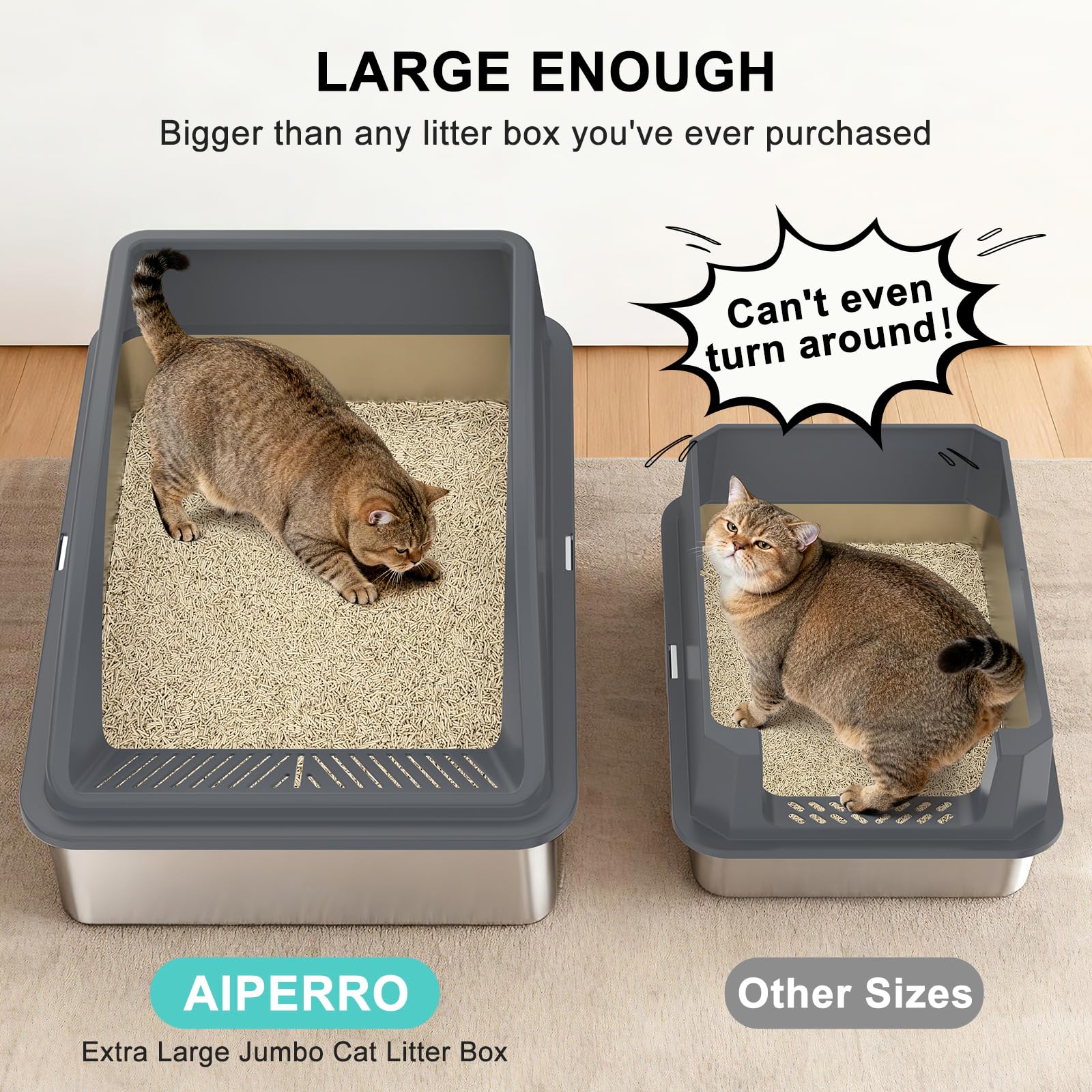AIPERRO stainless steel litter box with high-sided lid for containment.