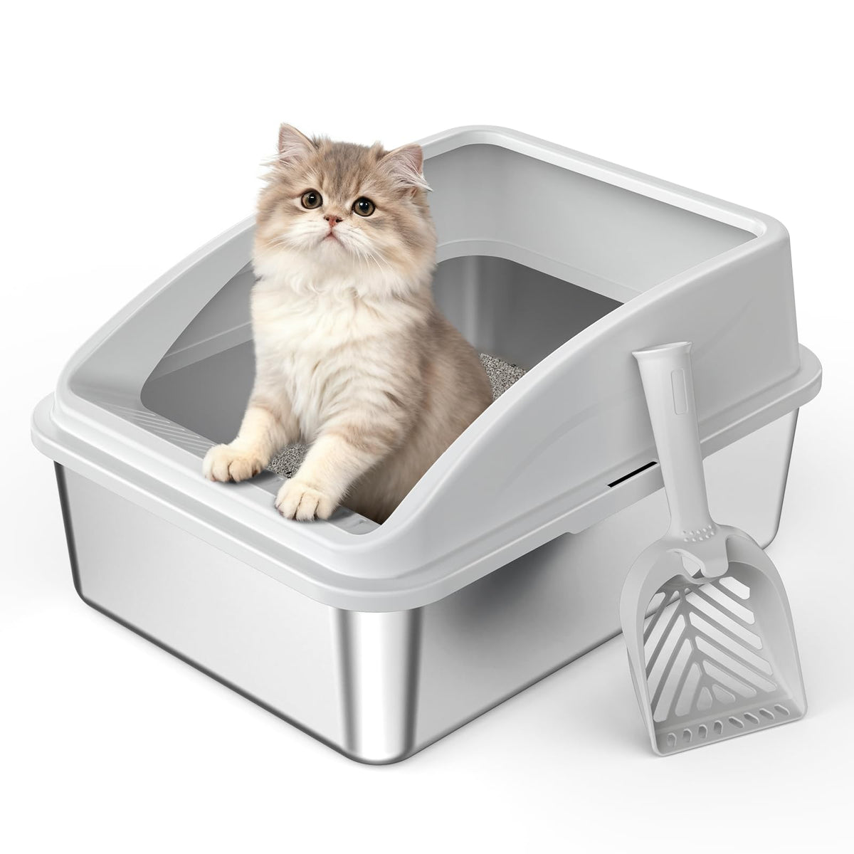 AIPERRO stainless steel litter box with lid and high sides reduces litter scatter.