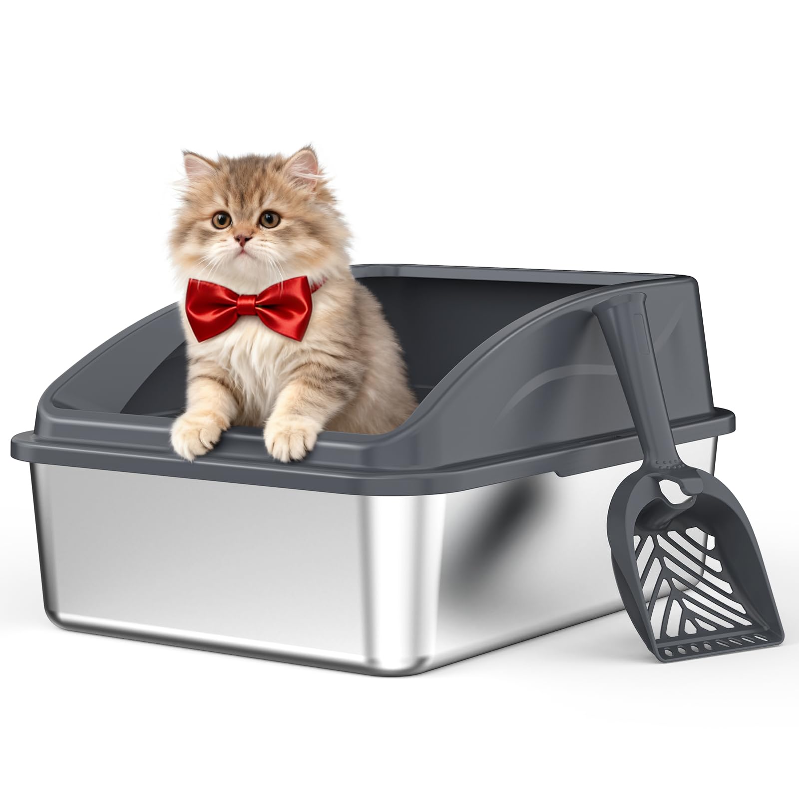 AIPERRO stainless steel litter box with lid, top view, durable and easy to clean.