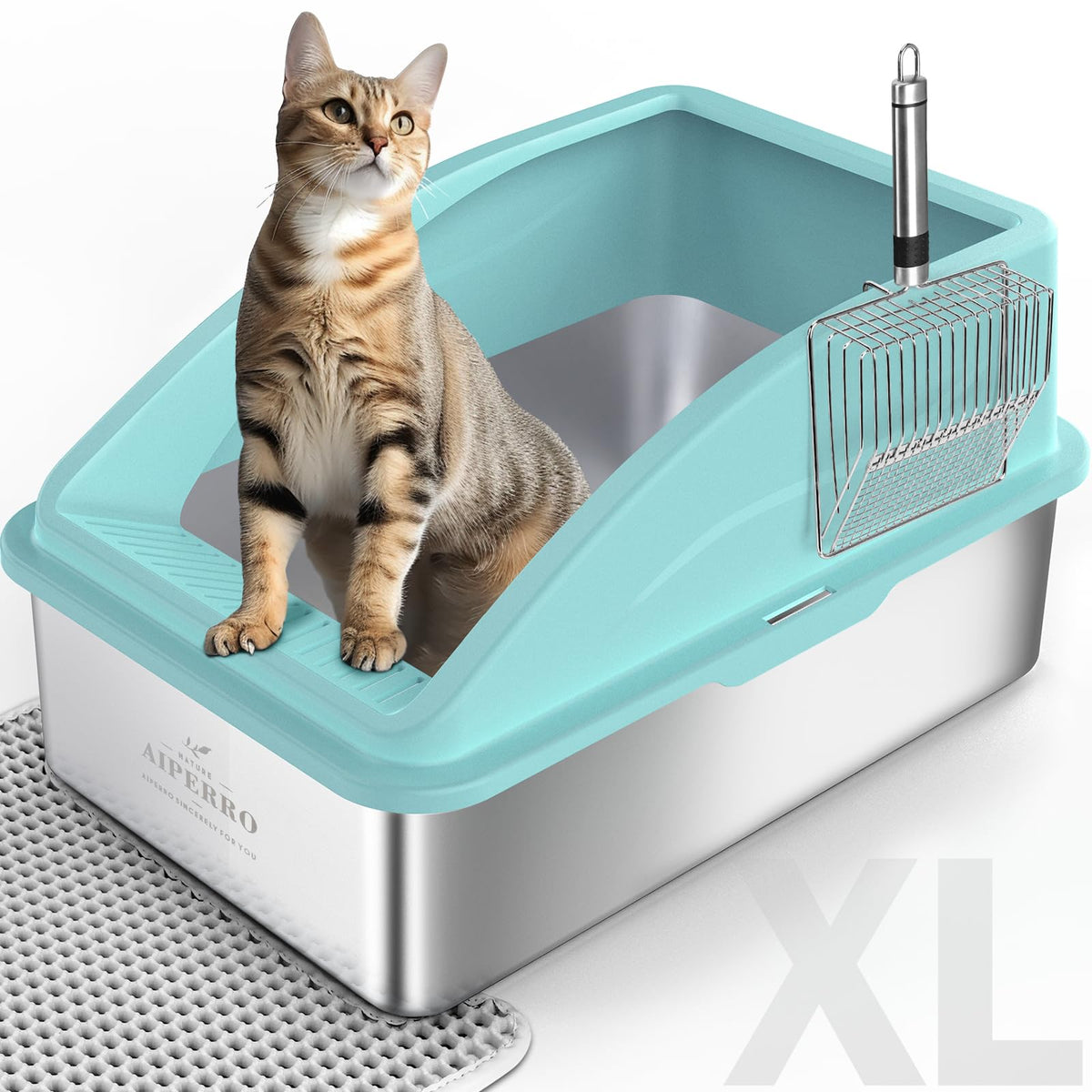 AIPERRO stainless steel litter box with lid, high sides for reduced litter spill.
