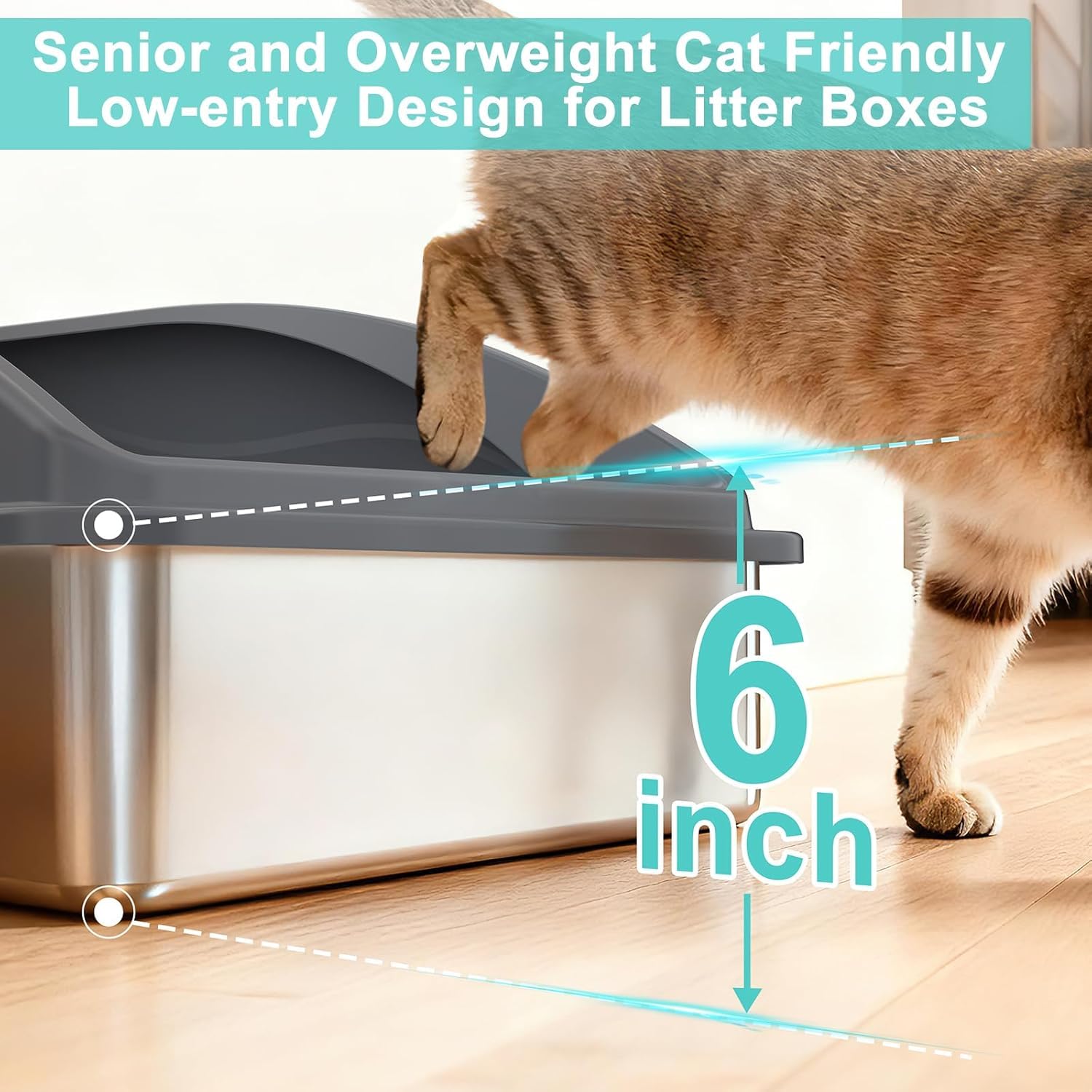 Aiperro XL stainless steel litter box with dimensions 23x15x11 inches.