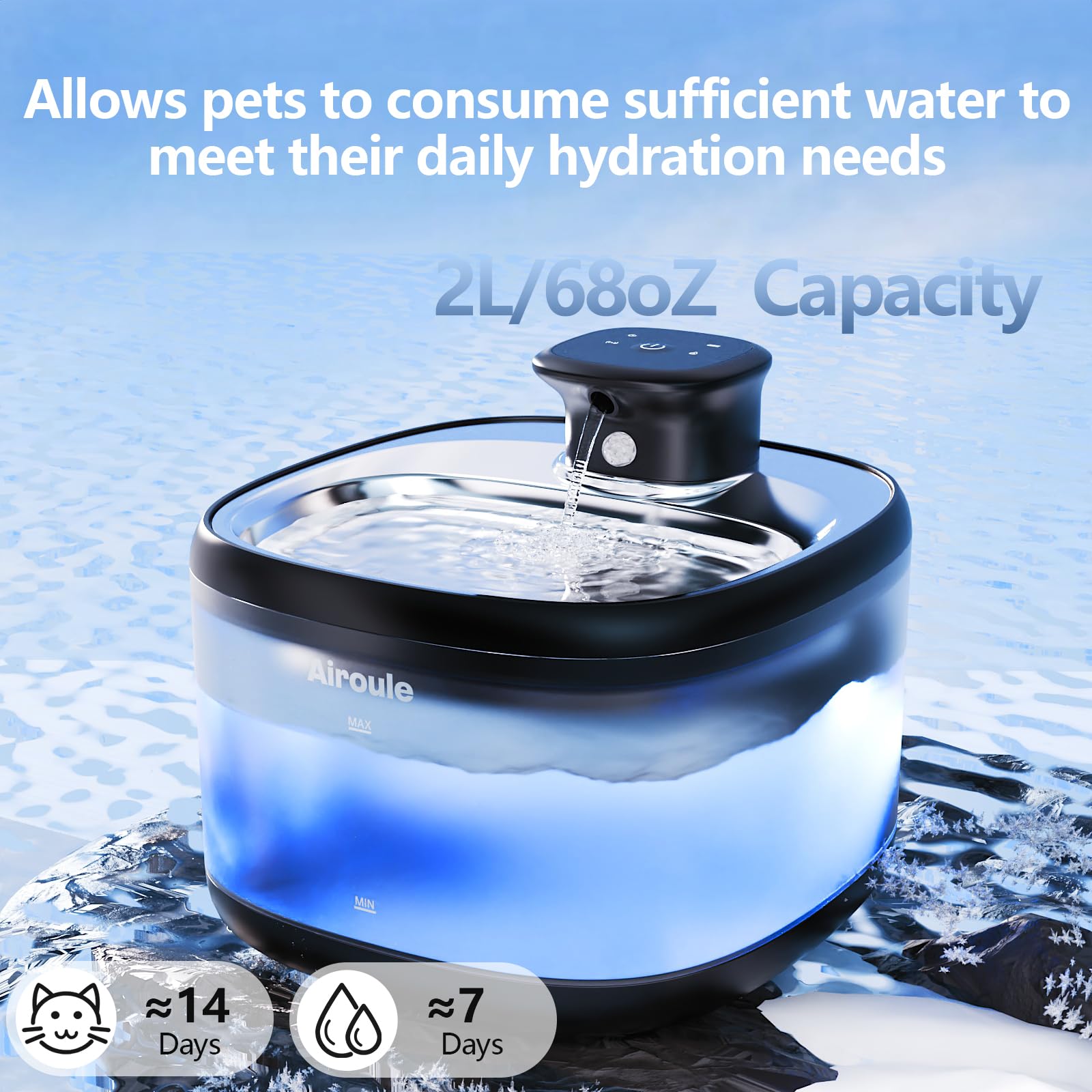 Airoule cordless cat fountain spout delivers smooth, pet-friendly water flow.
