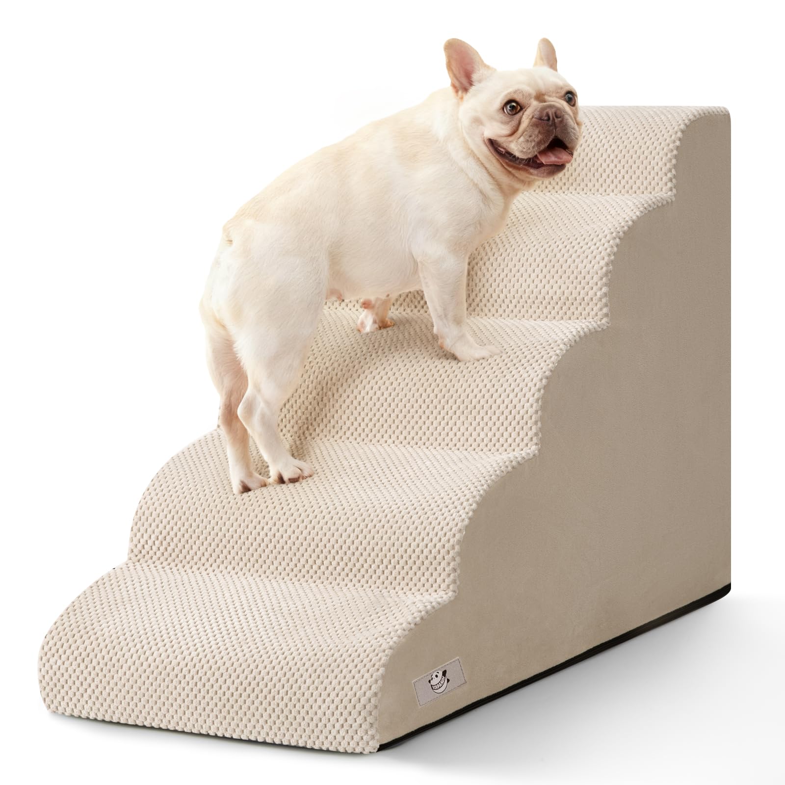 Airpanda 5-step dog stairs assembled on bed for easy, safe access.