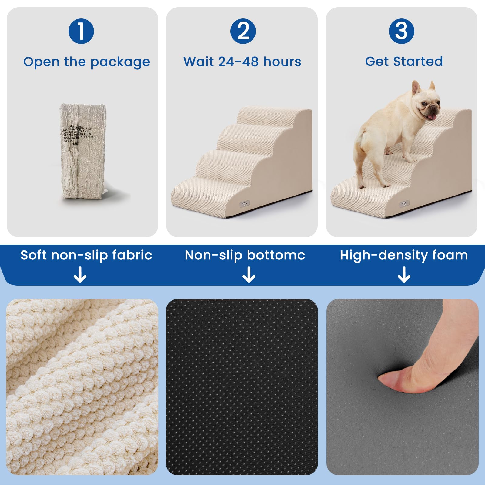 Airpanda dog steps arrive vacuum-packed and expand fully within 48 to 72 hours.