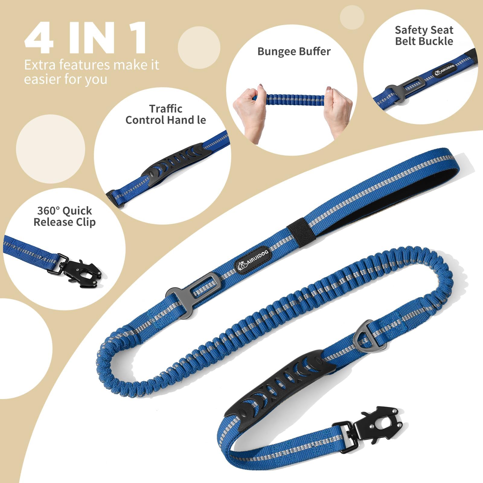 AIRUIDOG leash with 360° rotating clip prevents twisting for smoother movement during runs.