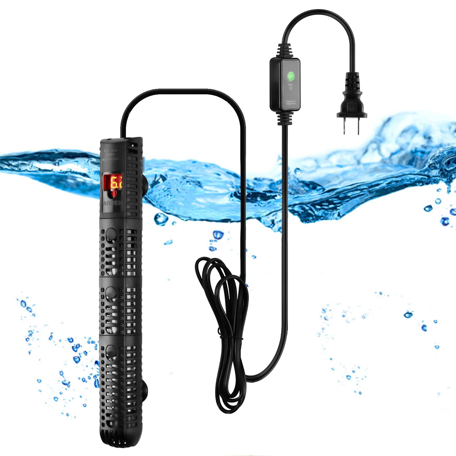 AIWEK aquarium heater front view shows compact design for 20-60 gallon tanks.